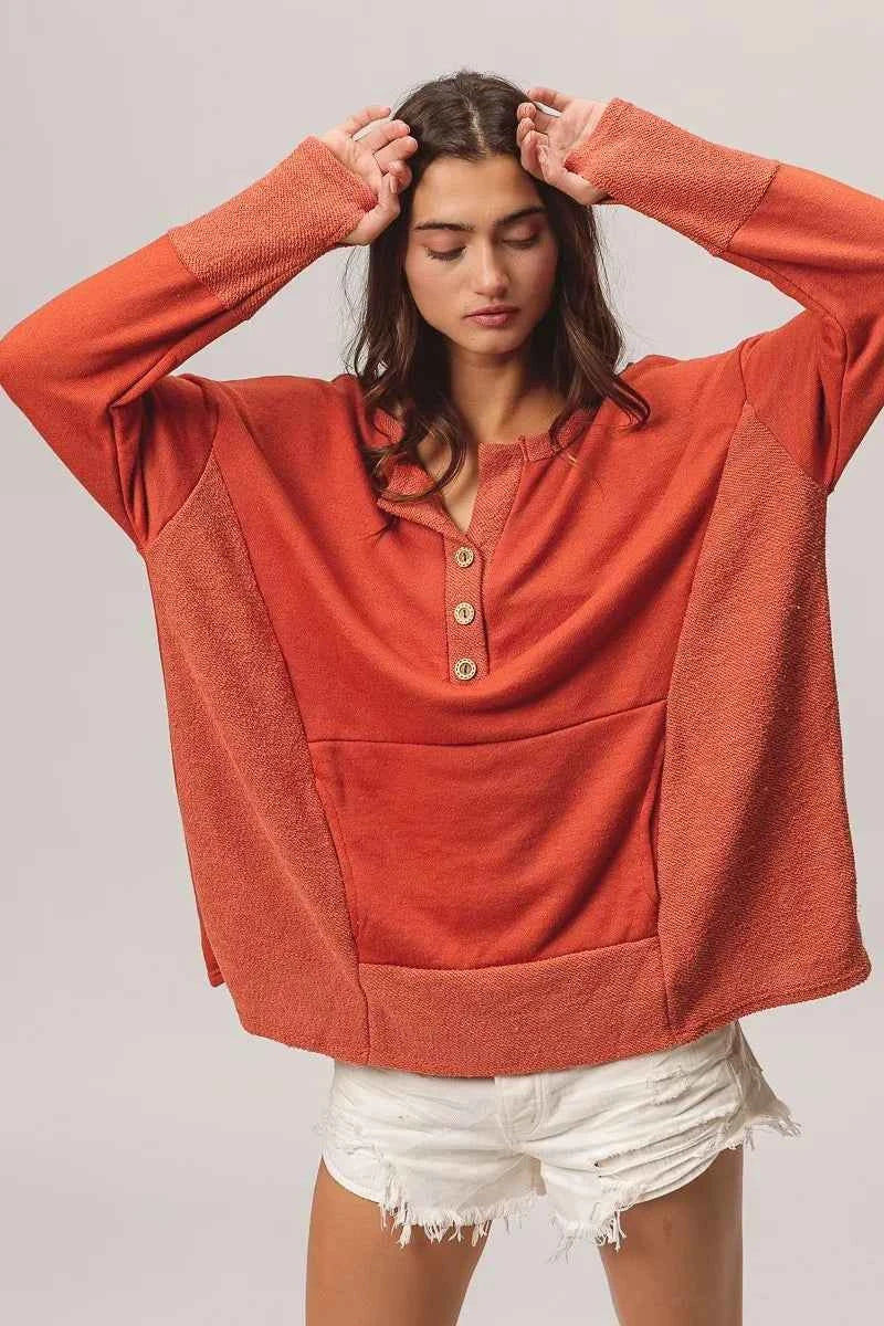 BiBi French Terry Knit Side Block Buttoned Henley Top bf093b8b2e5b4a0d99ddc9b25d8ae72e-Max-Origin