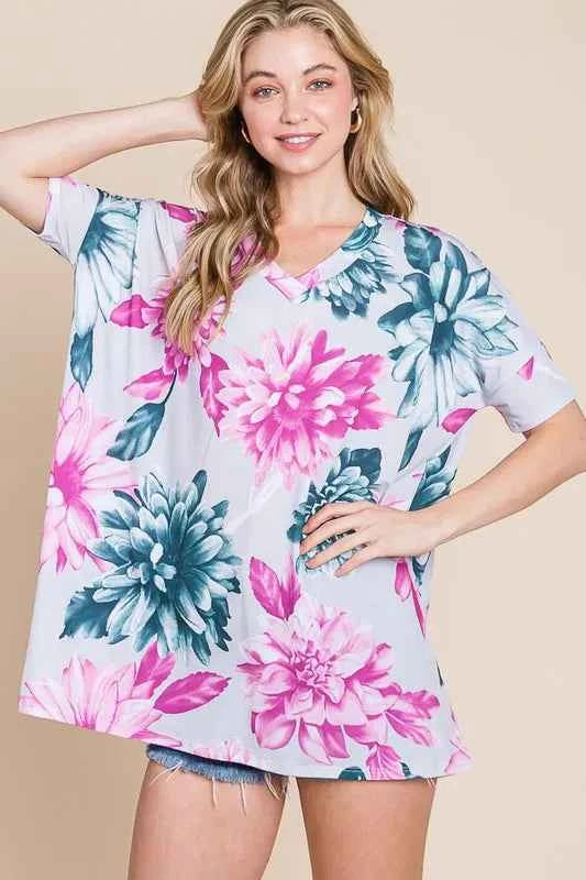 BOMBOM Floral V-Neck Short Sleeve T-Shirt bf0ba70f55624d40b791b542a3fd1f04-Max-Origin