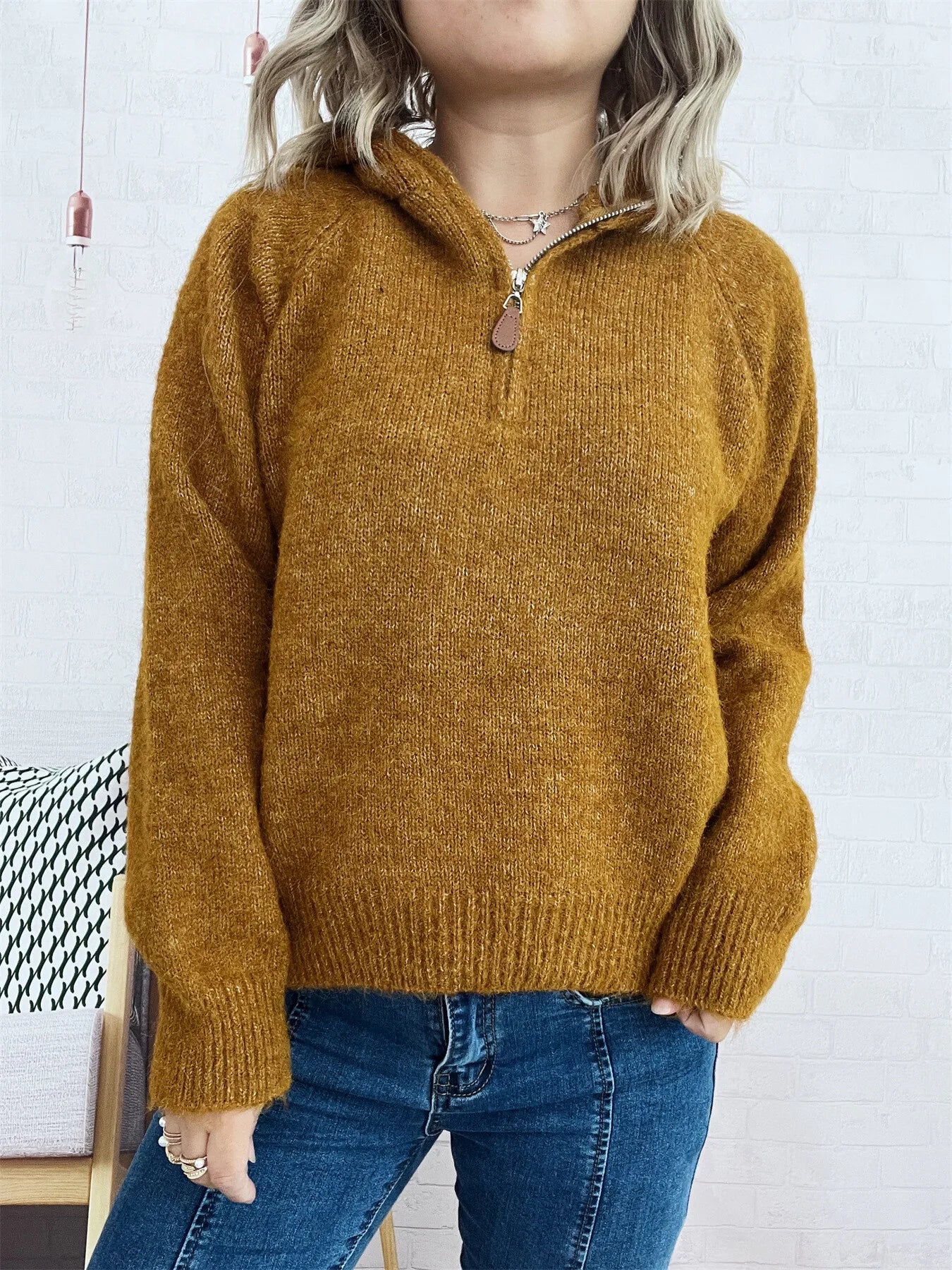 Quarter Zip Ribbed Hem Sweater Khaki One Size bf10e02f452c409bbe81aea251d0875b-Max-Origin