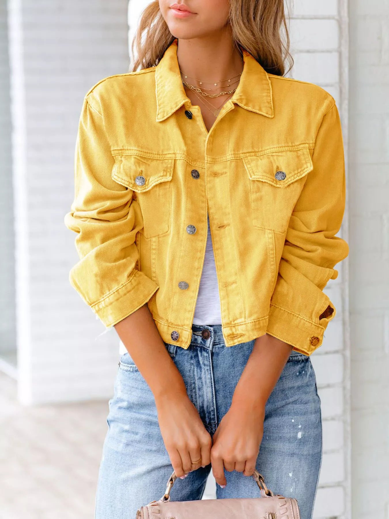 Button Up Long Sleeve Denim Jacket Light Yellow bf23ea47-32e7-4316-97a3-55f0ab3713bd-Max-Origin