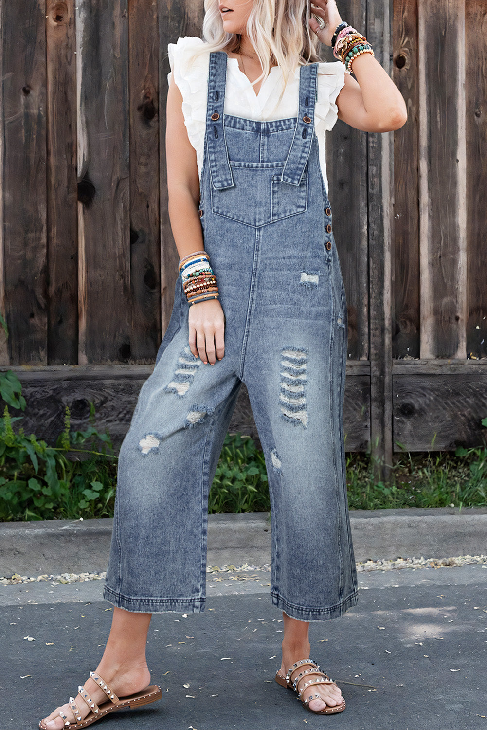 Black Distressed Bib Pocket Wide Leg Denim Overall Stone Blue bf25c3414bee63bb