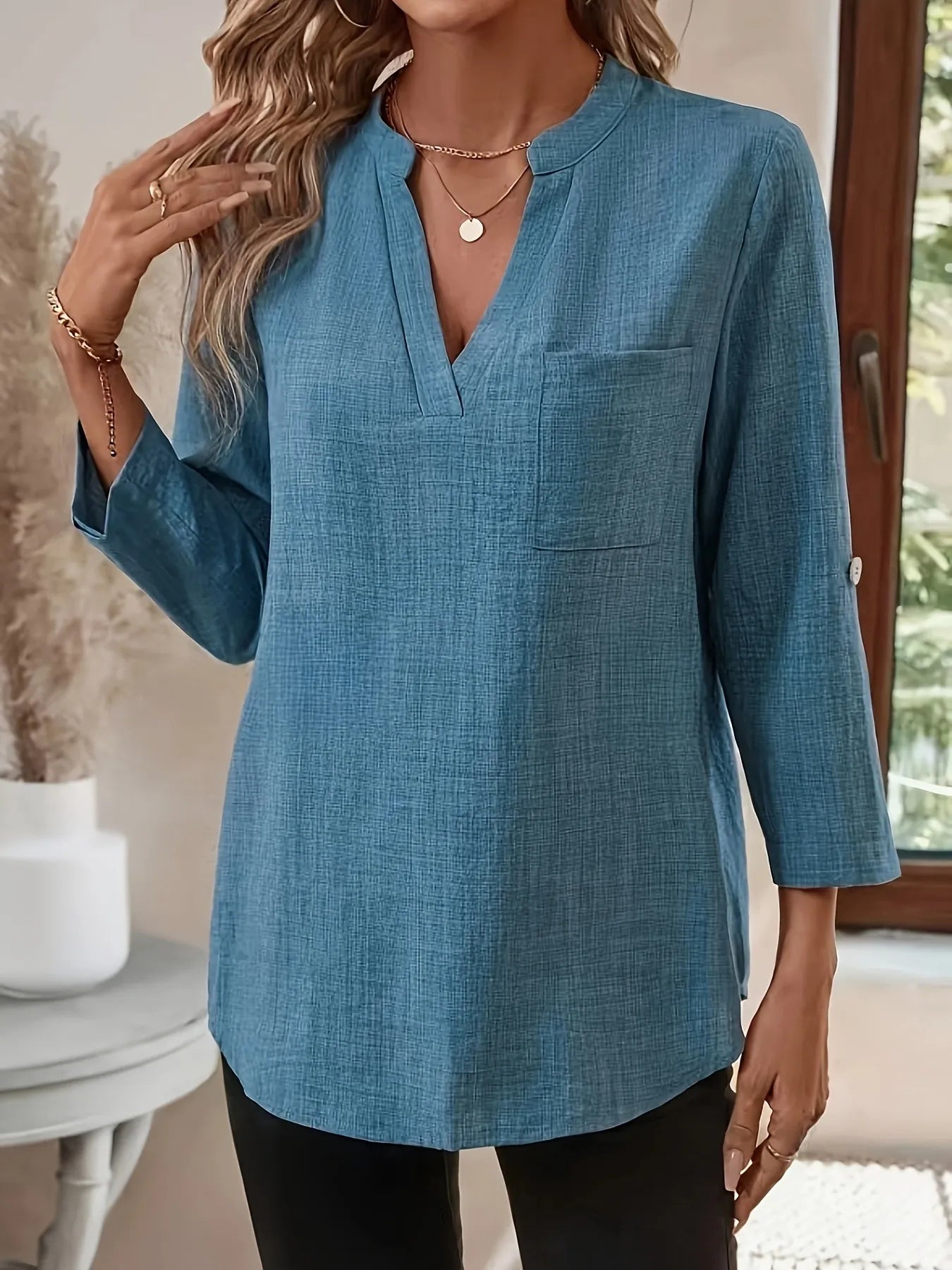 Notched Roll-Tab Sleeves Blouse bf316465441e4ed58aed7579c964d7bb-Max-Origin