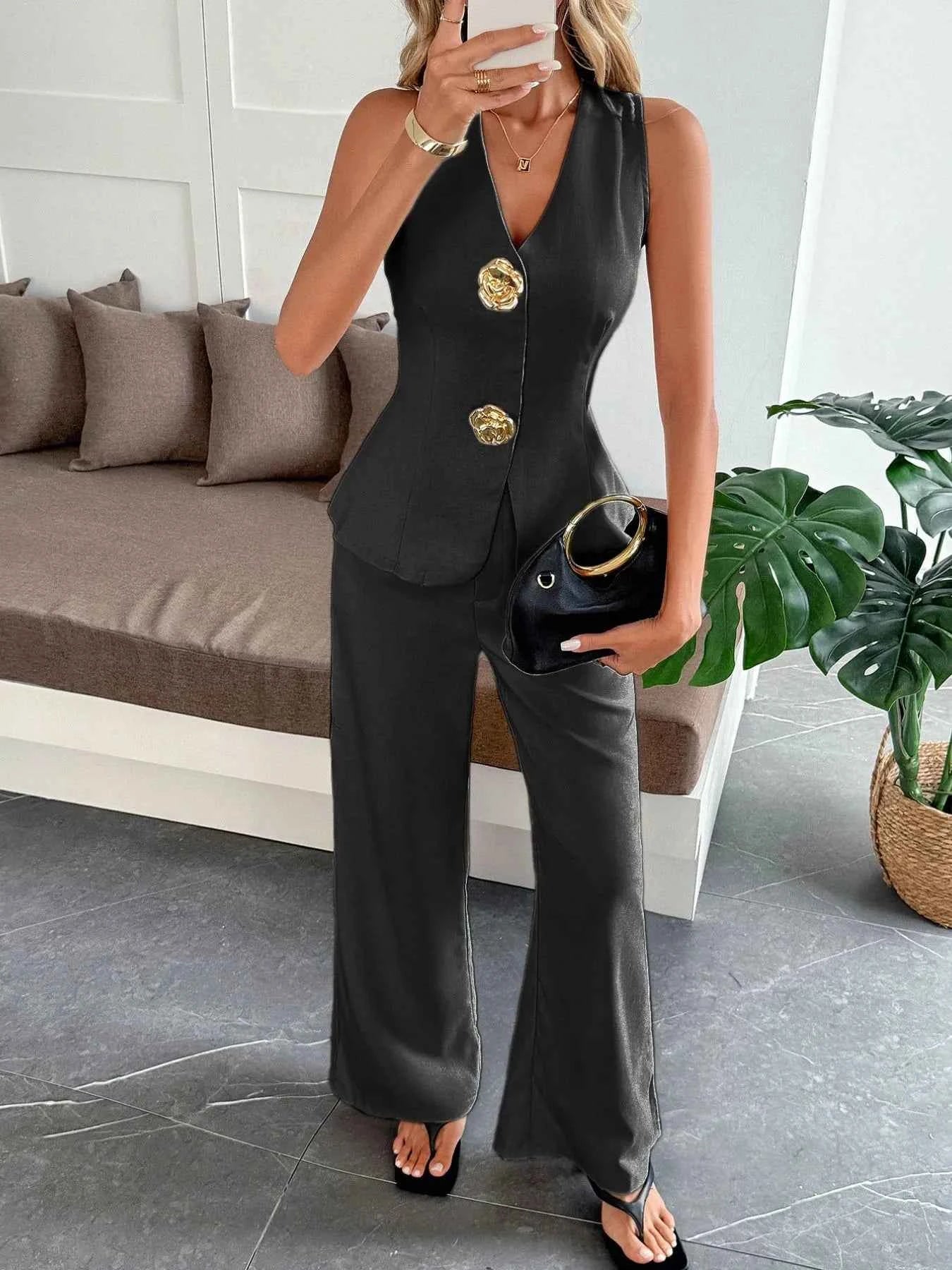 V-Neck Vest and Pants Set Black bf435811-ed13-49ca-ad9a-33f3701a716b-Max-Origin