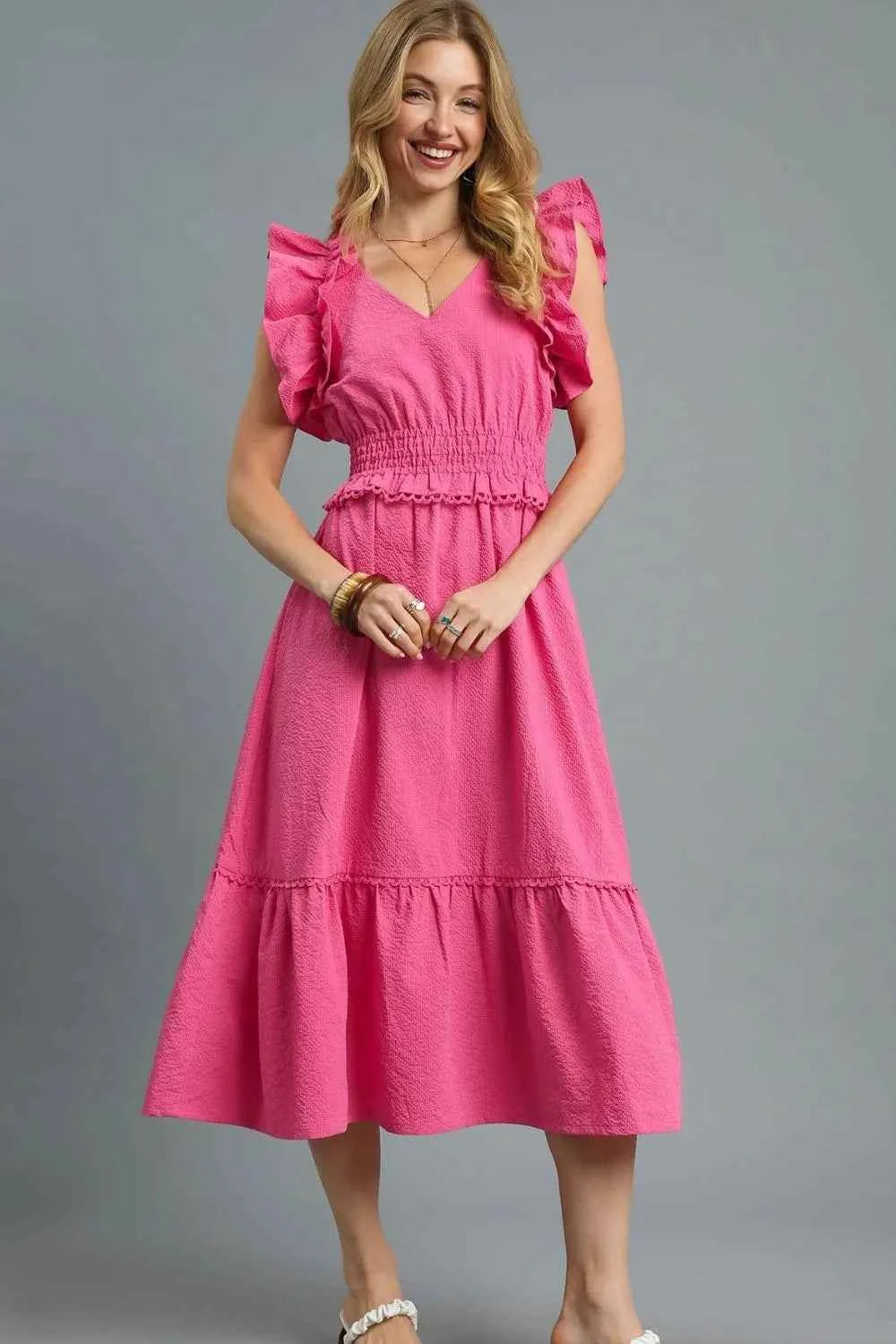Umgee V-Neck Ruffled Cap Sleeve Midi Dress bf43b783-803e-4313-95f4-e74dd4d99563-Max-Origin