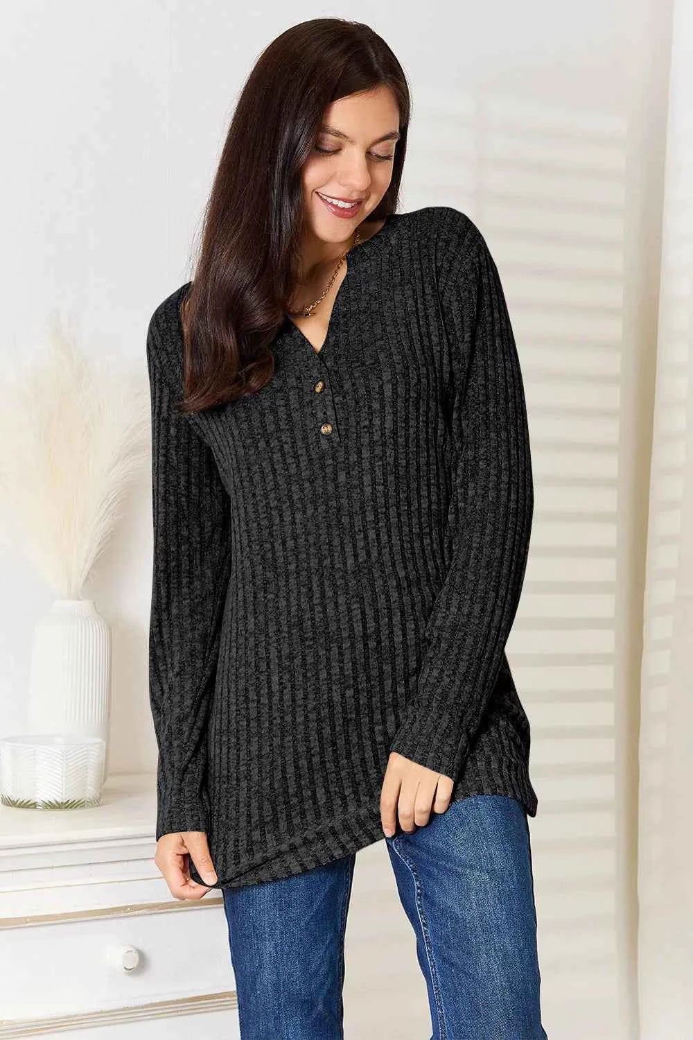 Double Take Notched Neck Ribbed Long Sleeve T-Shirt bf47ac60-7986-46b7-806d-63fe79b8ab07-Max