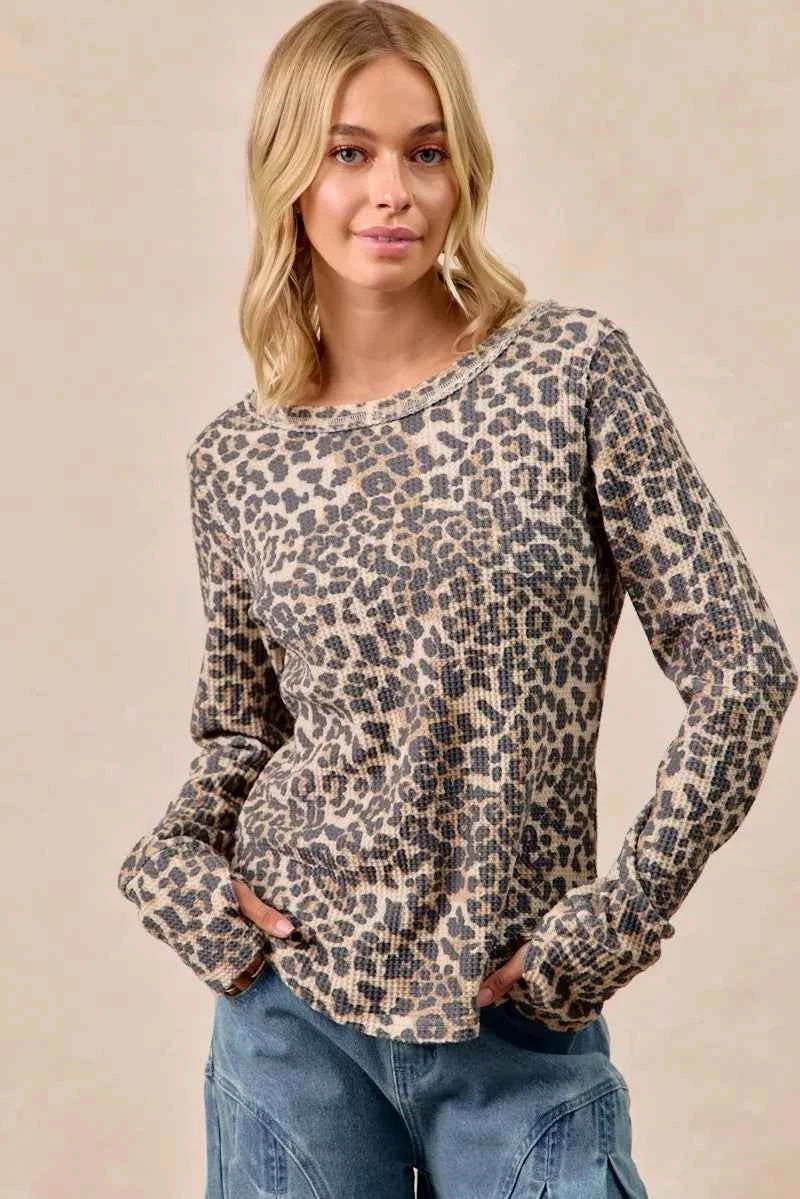 BiBi Leopard Print Washed Waffle Thermal Top with Thumb LEOPARD bf6076f47d764dbeb9ef6d1ad1e2e8f9-Max-Origin