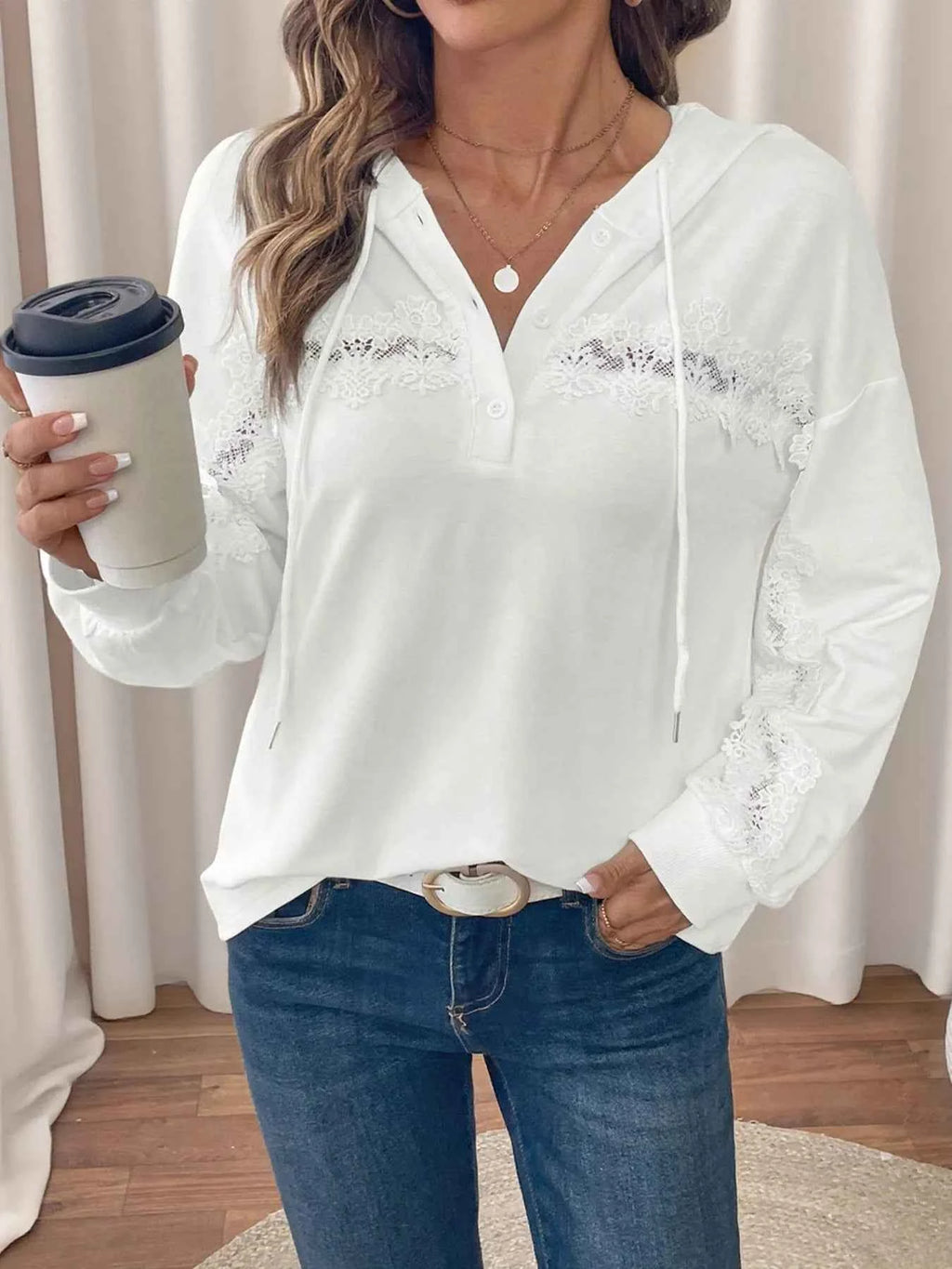 Lace Detail Long Sleeve Drawstring Hoodie bf6a12f47bfb437b912ffc42b28da193-Max-Origin