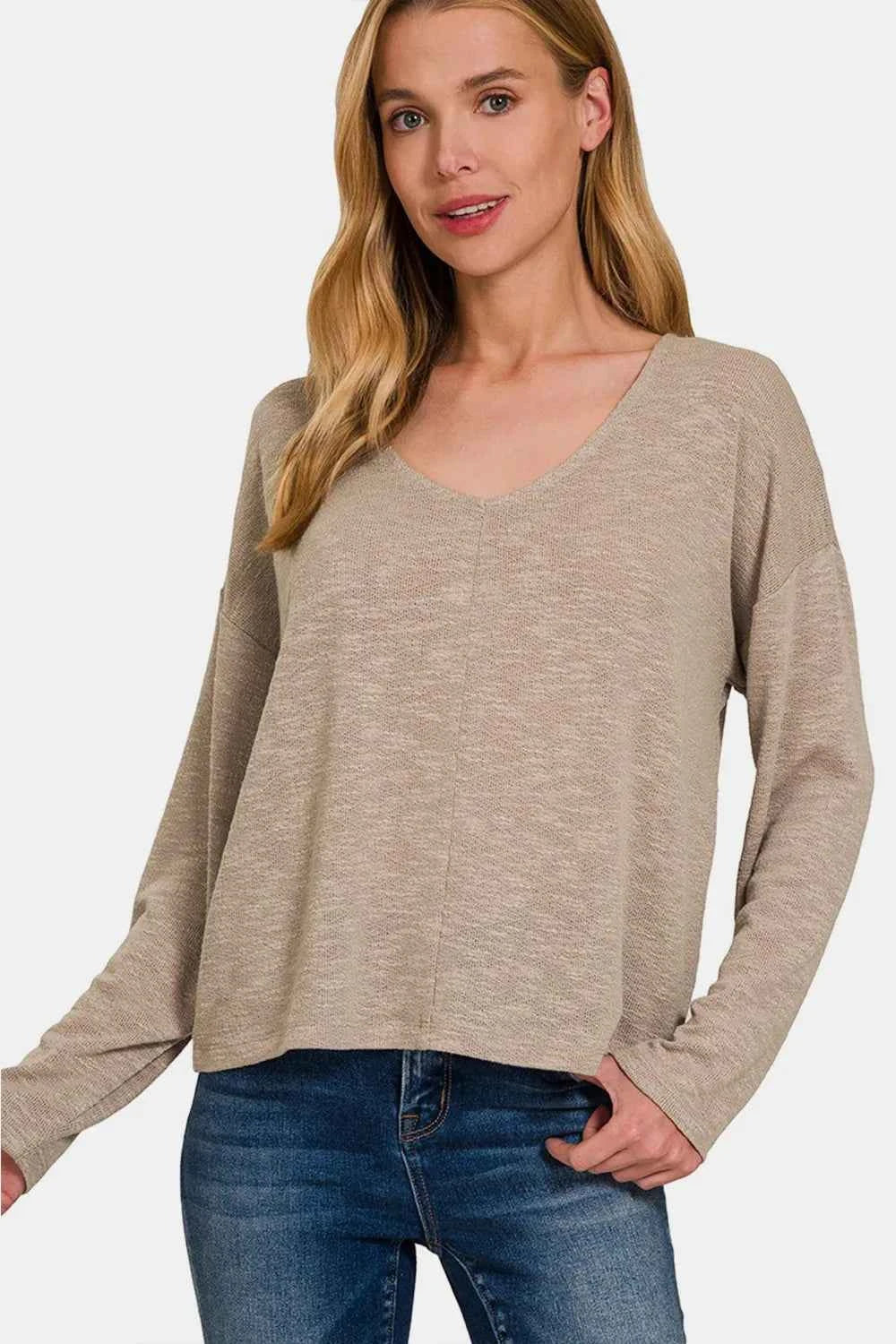 Zenana Dropped Shoulder Long Sleeve T-Shirt Lt Mocha bf6c458c-7eac-4e3b-9d77-3b333a770c47-Max