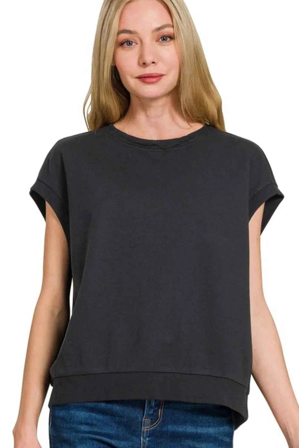 Zenana French Terry Round Neck Cap Sleeve T-Shirt BLACK bf724c4f-c8ed-43ba-92a2-d9898e2a8cf0-Max-Origin