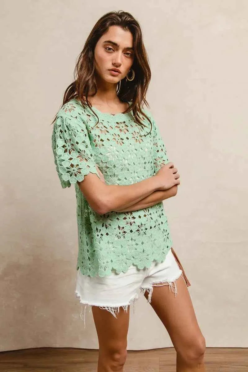 BiBi Openwork Crochet Short Sleeve Knit Top bf7846082f1644cdb1edf5e9002040d1-Max-Origin