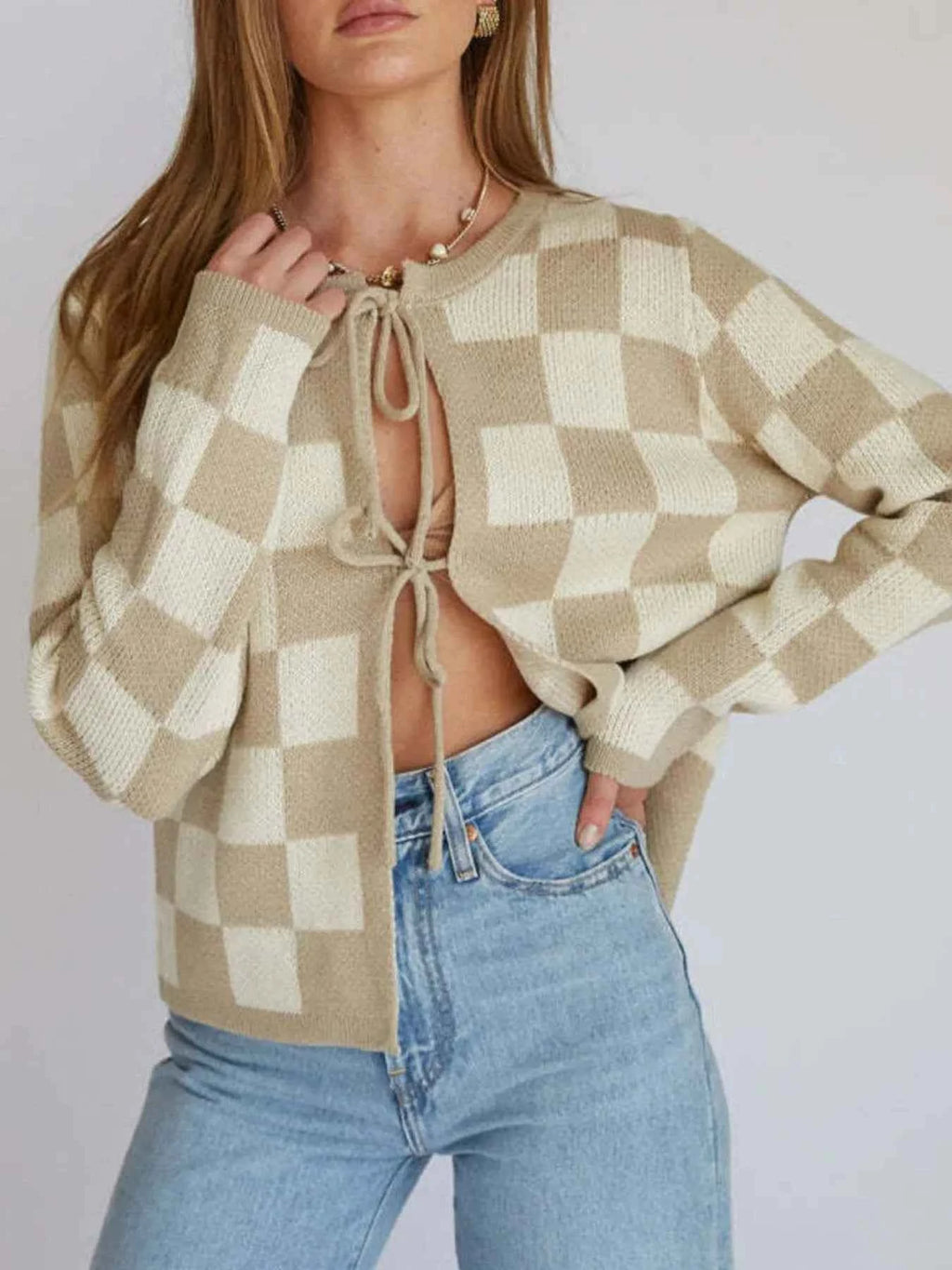 Checkered Tie-Front Cropped Cardigan Khaki bf7fc018-2302-460f-ac31-1e308a99e4e1-Max-Origin