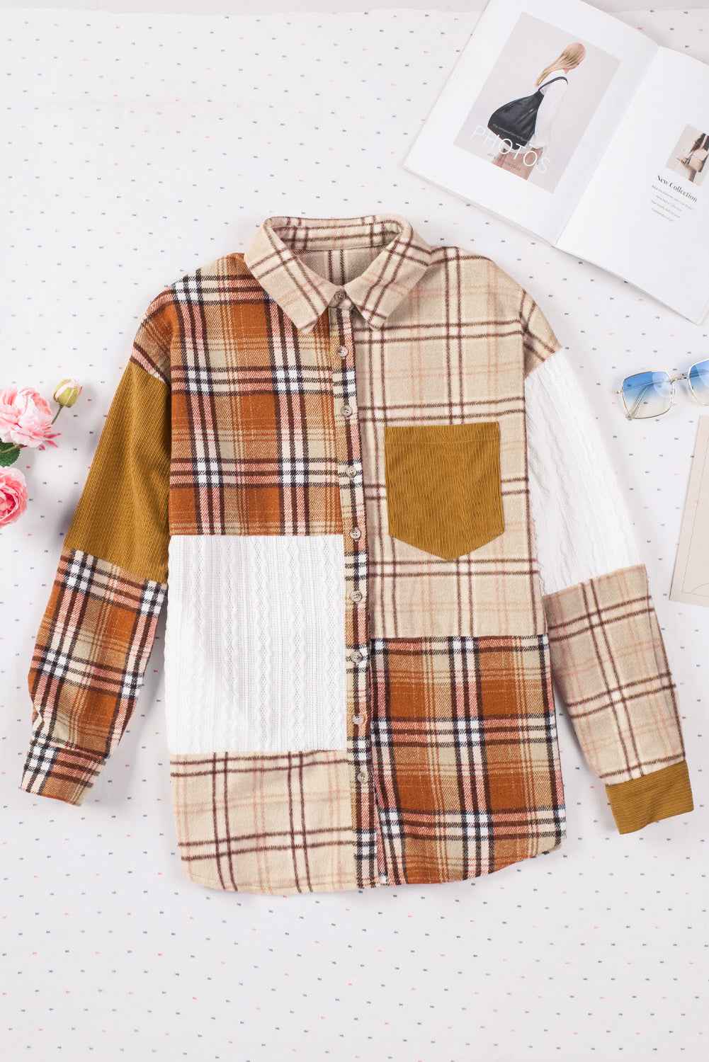 Orange Plaid Color Block Patchwork Pocket Shirt Shacket bf81f5ad847de38d
