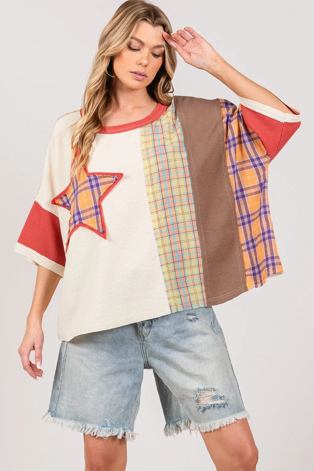 SAGE + FIG Round Neck Plaid Star Patch T-Shirt bf85d221-4b1b-4ed2-be0c-49870b3f0a08-Max