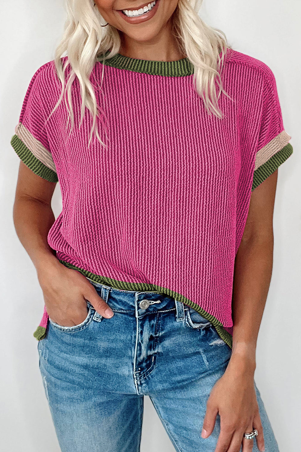 Rose Red Textured Colorblock Round Neck T Shirt Rose Red 75%Polyester+20%Viscose+5%Elastane bf893dcb89550938