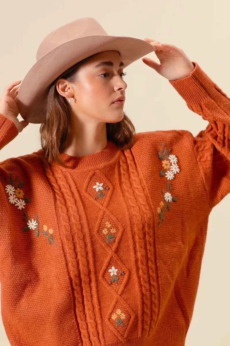SO ME Embroidered Flower Cable Knitted Sweater bfaf19cd7fce408880ef9b327c8c67d1-Max-Origin