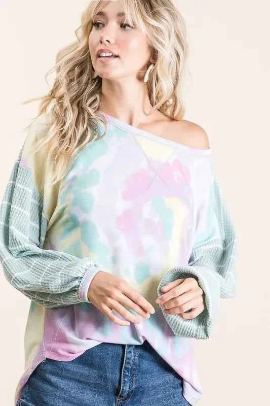 BiBi Tie Dye Terry Top with Wide Stripe Thermal Waffle bfb091c750ec408184b115cce02128bc-Max-Origin