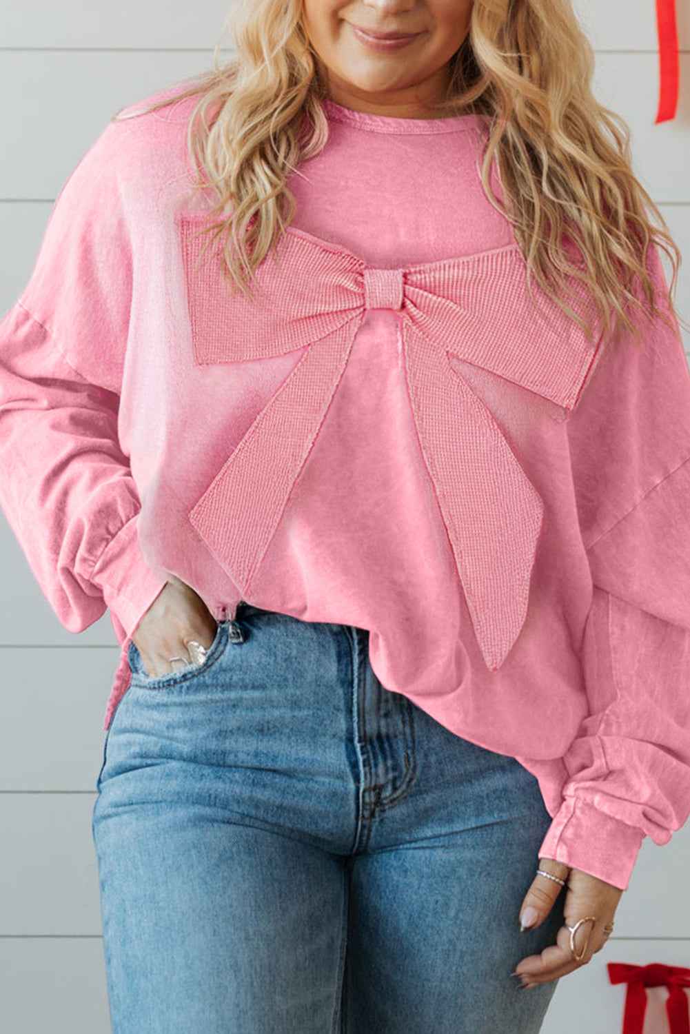 Bonbon Waffle Bowknot Patchwork Mineral Wash Plus Size Top Bonbon 85%Cotton+15%Polyester bfb6a99cb080d40a