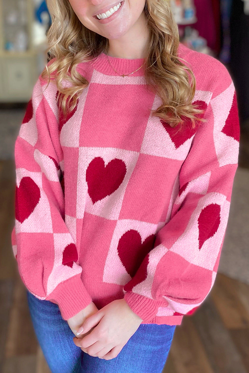 Pink Love Heart Checkered Valentine Knit Sweater bfb7876b25775a53