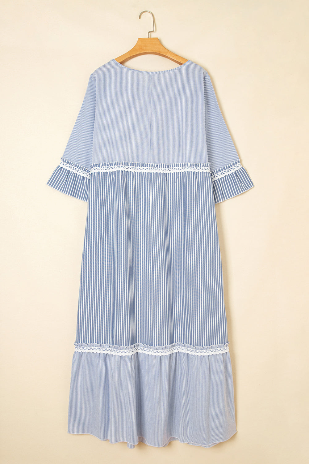 Sky Blue Crisscross Lace Detail Mixed Striped Patchwork Plus Size Dress bfcad551c2c0f397