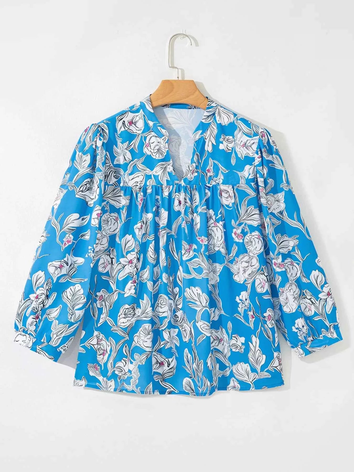 Notched Floral Print 3/4 Puff Sleeve Blouse bfd8035af4d64a2b936985f67c930793-Max-Origin