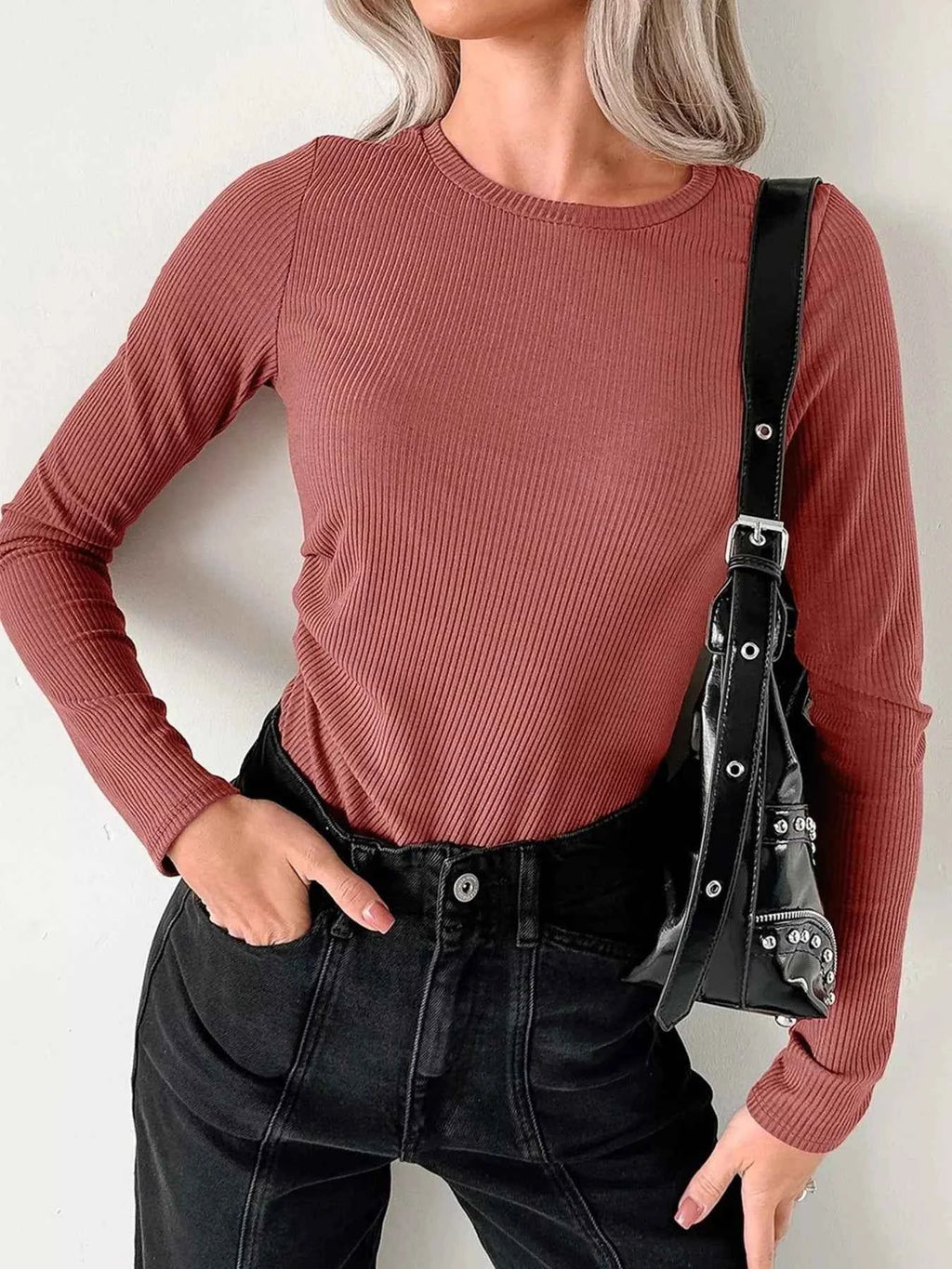 Ribbed Long Sleeve Fitted Bodysuit Dusty Pink bfd99a24-4c20-4bd0-8990-6beeaf6ead6f-Max-Origin