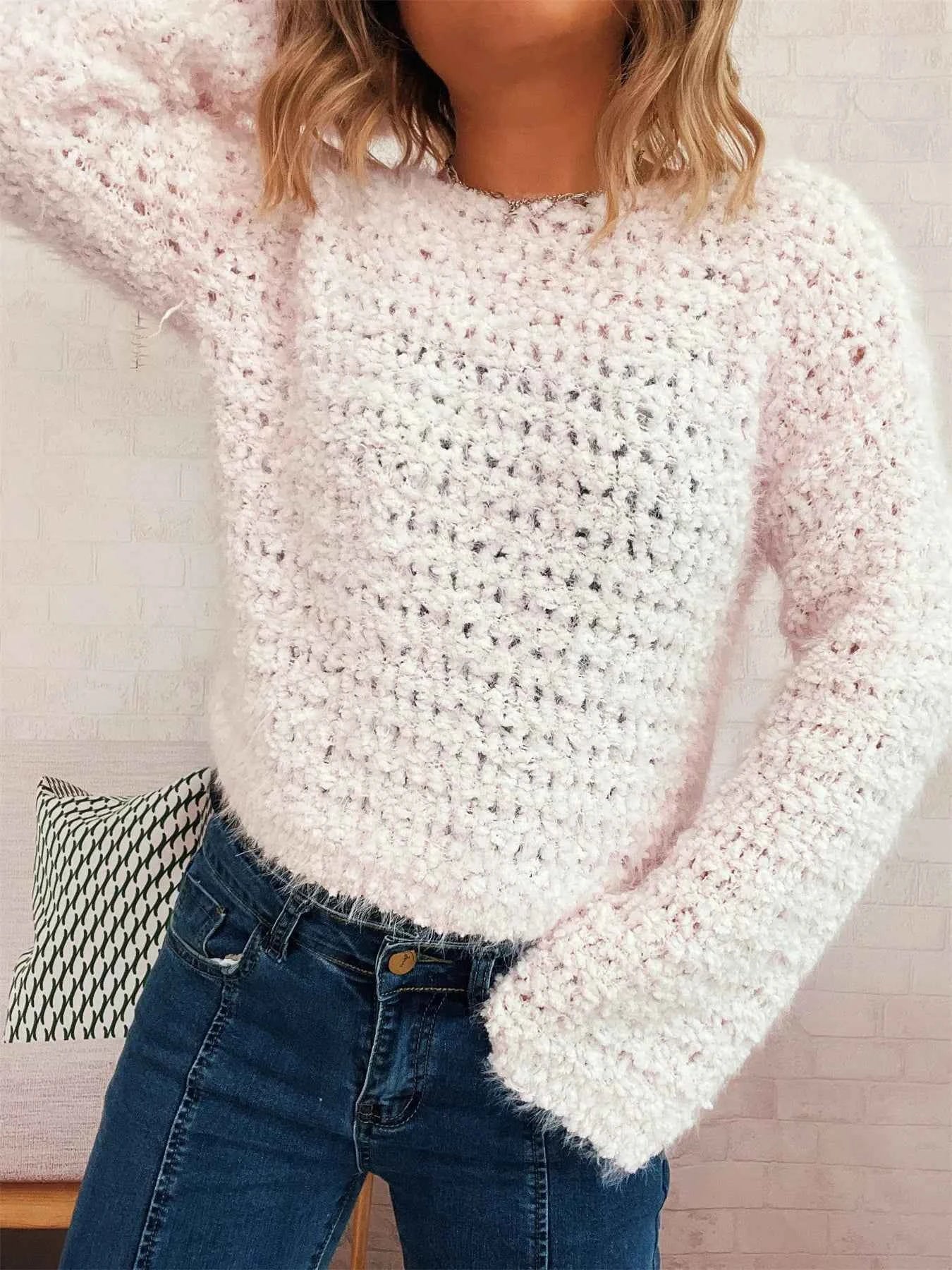 Crochet Round Neck Dropped Shoulder Sweater Pink One Size bfe97e9251534779bdc0d4d5a432628d-Max-Origin