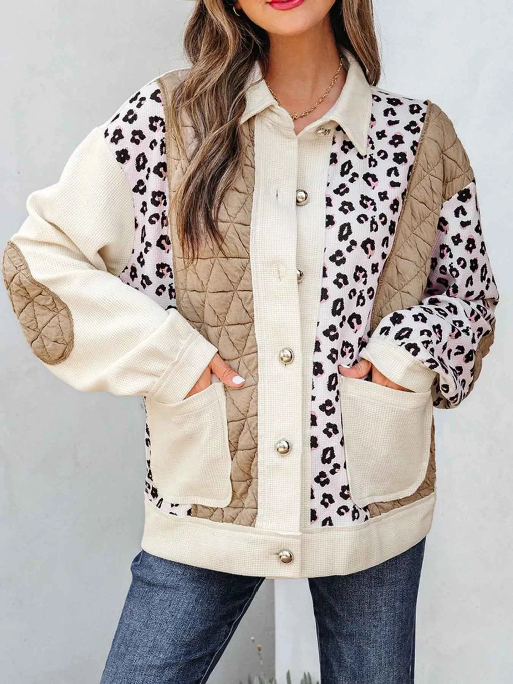 Leopard Waffle Quilted Patchwork Button Front Jacket Camel c0039304-be7e-4554-8a74-b19f079feac8-Max-Origin