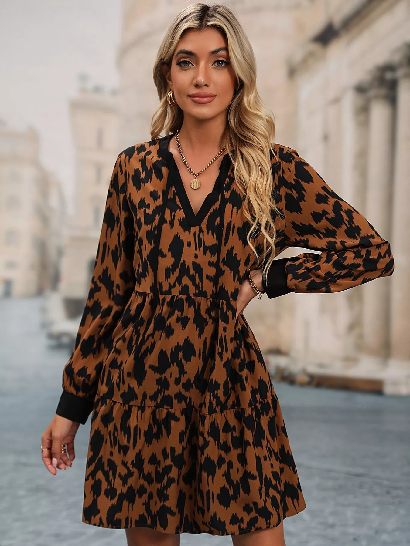 Leopard Tie Neck Long Sleeve Dress c0091a37-f073-4f4a-a7f0-895706bd2b6b-Max-Origin