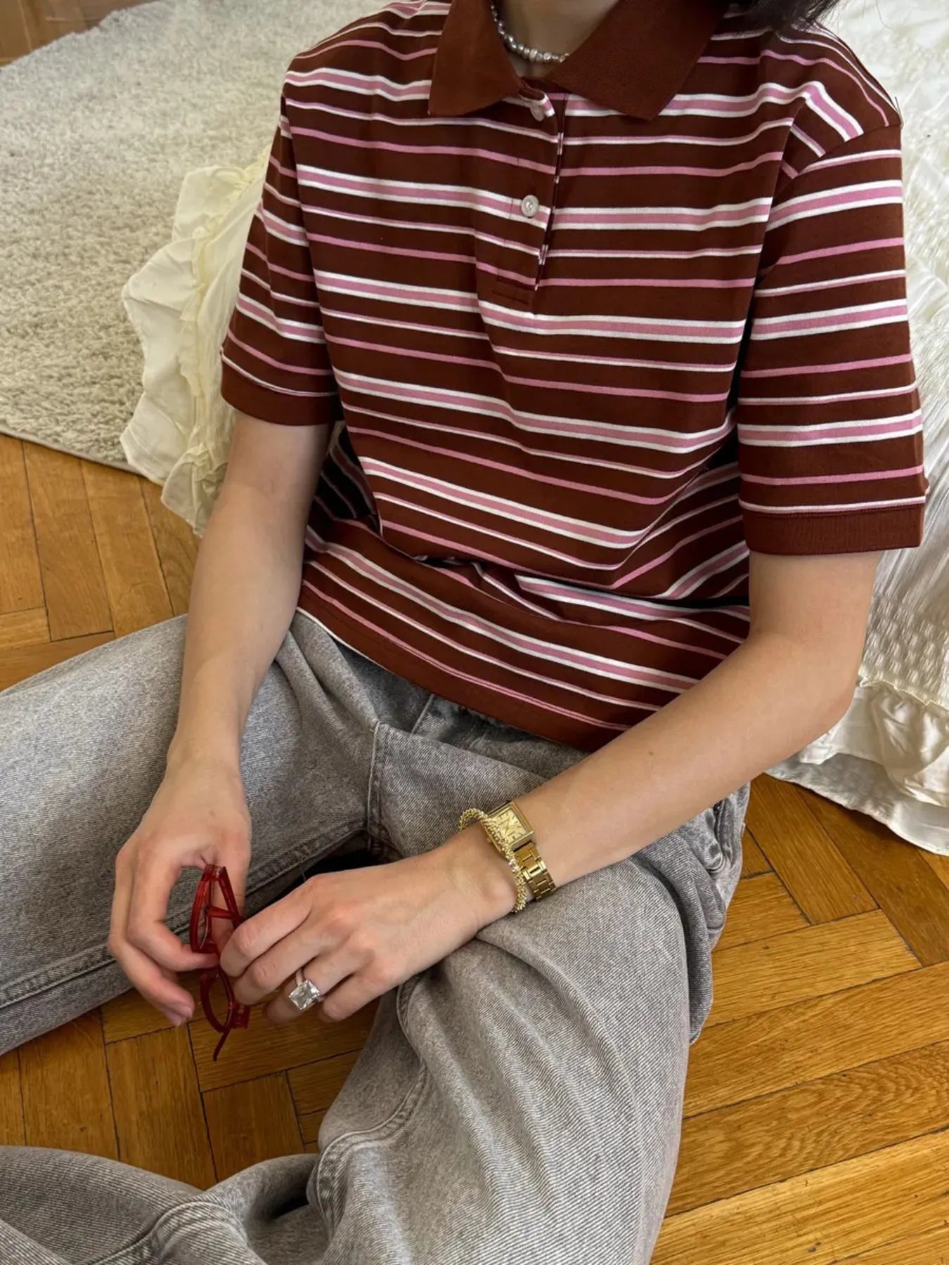 Striped Polo T-Shirt with Contrast Collar Coffee Color c00c147e276141f8a010f593d9a5d8a3-Max-Origin