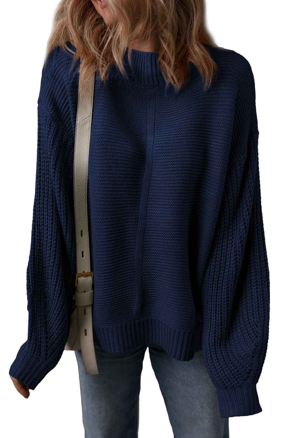 Dirty blue Solid Color Front Seam Drop Shoulder Loose Sweater c00cdcf875c9bce5