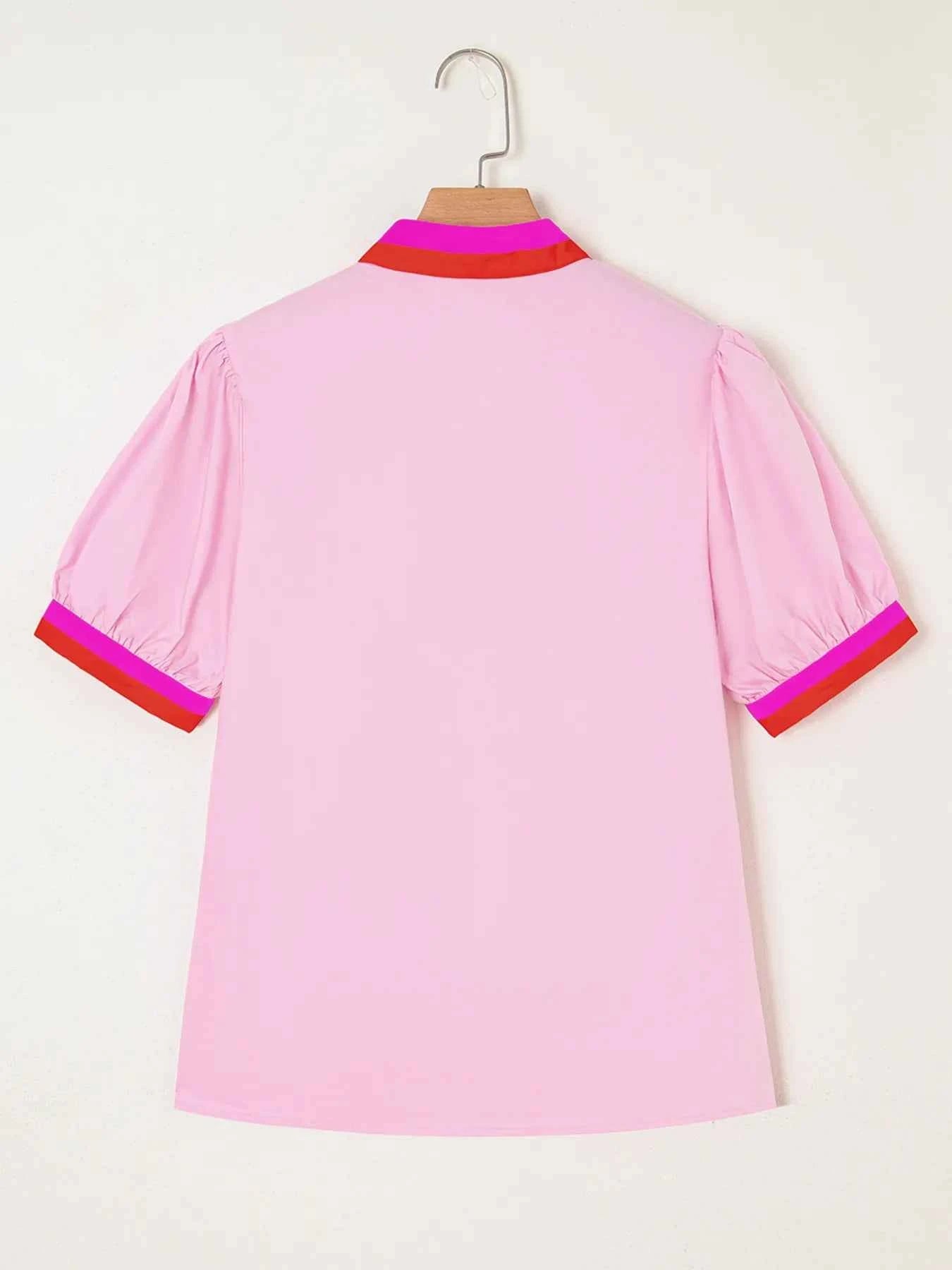 Contrast Trim Notched Short Sleeve Blouse c02695ee0435403da7975294808c8c58-Max-Origin