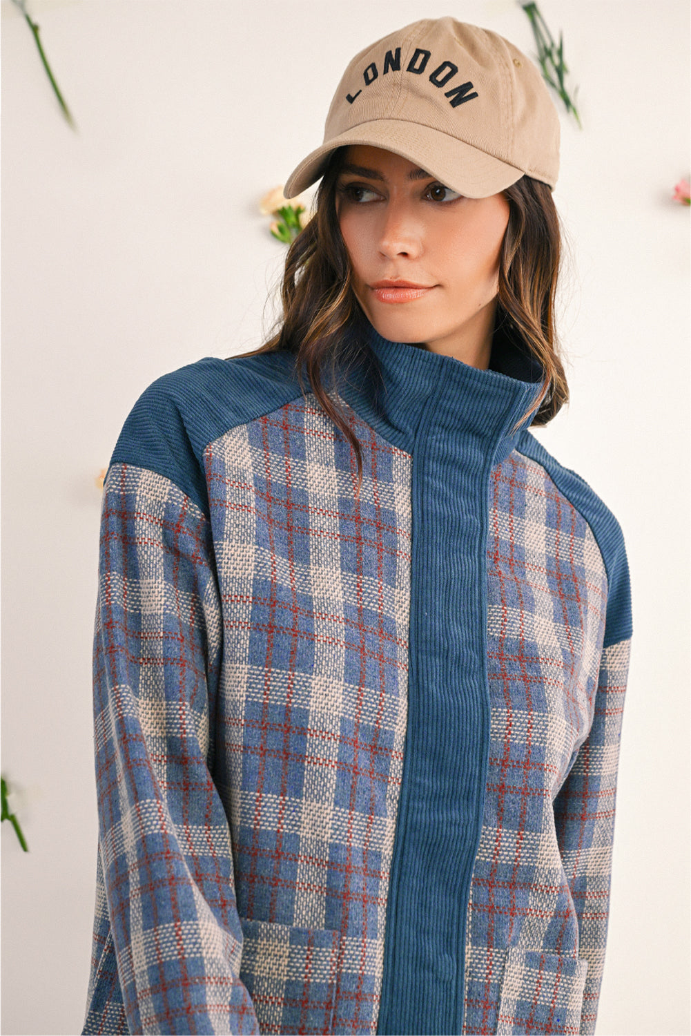 Gray Plaid Corduroy Patchwork Collared Zip Up Snap Button Jacket c02b39a7bdf1f5fe