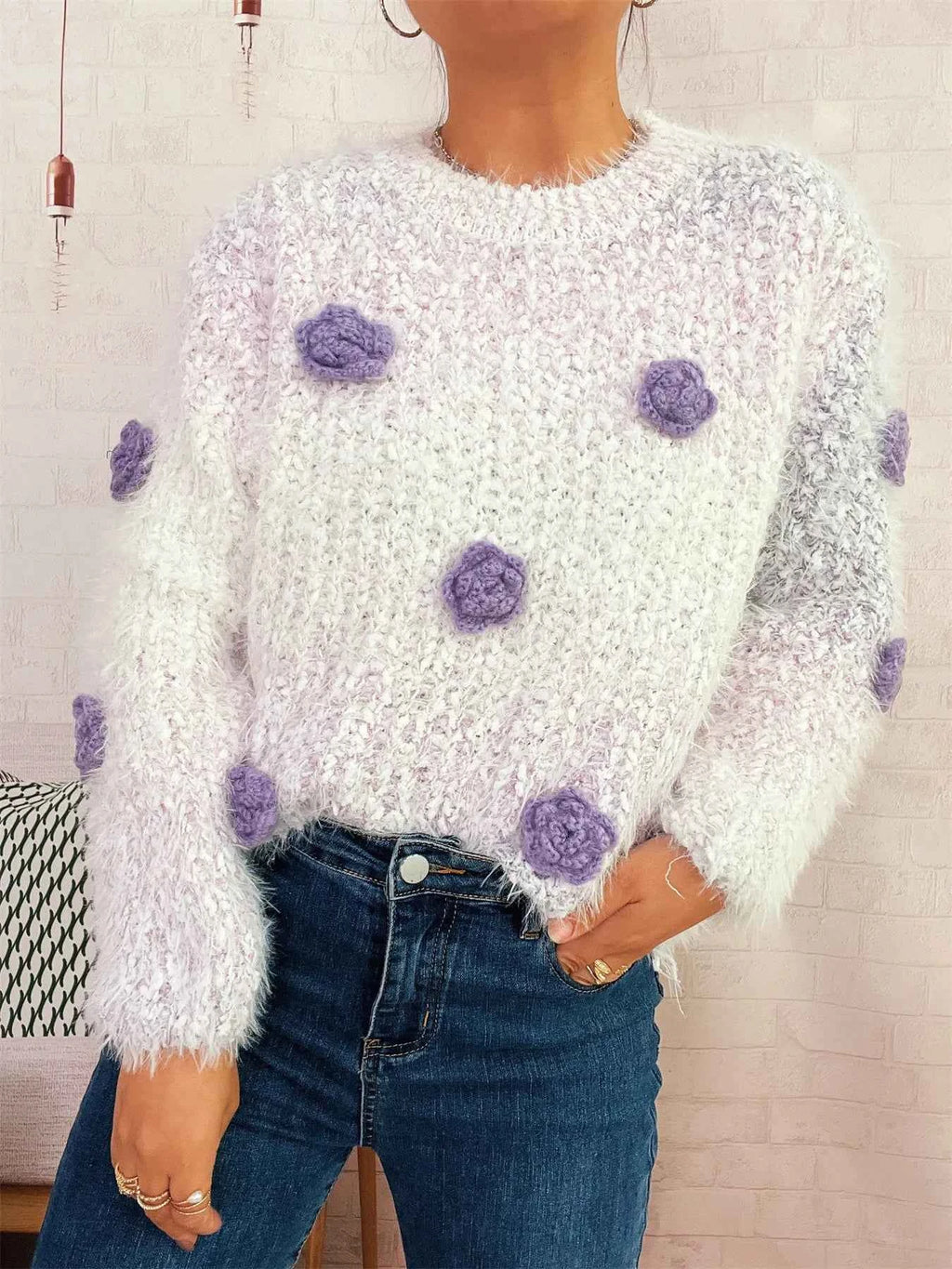 Flower Embellished Round Neck Sweater c040cce3ce554b41a0121eff58c1b3e8-Max-Origin