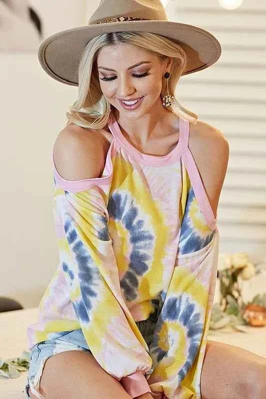BiBi Tie Dye Print Terry Top with Cold Shoulder Detail c04b3a4553f9480aa1fa73f8a1e76bb3-Max-Origin