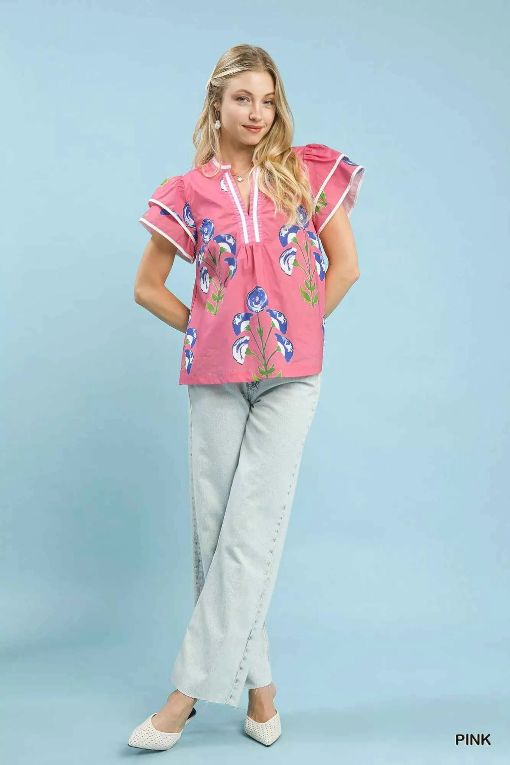 Umgee Blossom Meadow Print Blouse with Contrast Trim c0530382-aab8-413c-bc50-a7af3ce27f39-Max-Origin