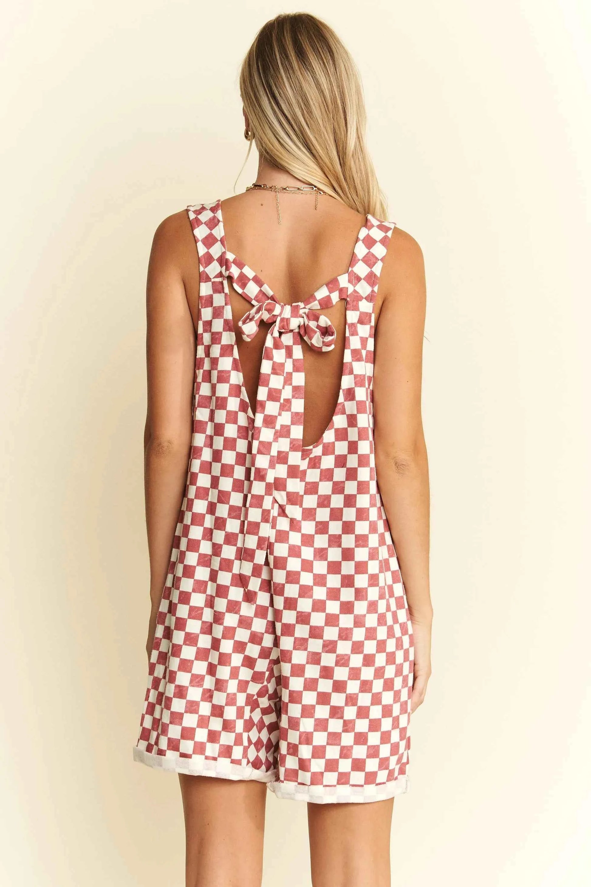 Jade By Jane Plus Size Back Tie Sleeveless Plaid Romper with Pockets