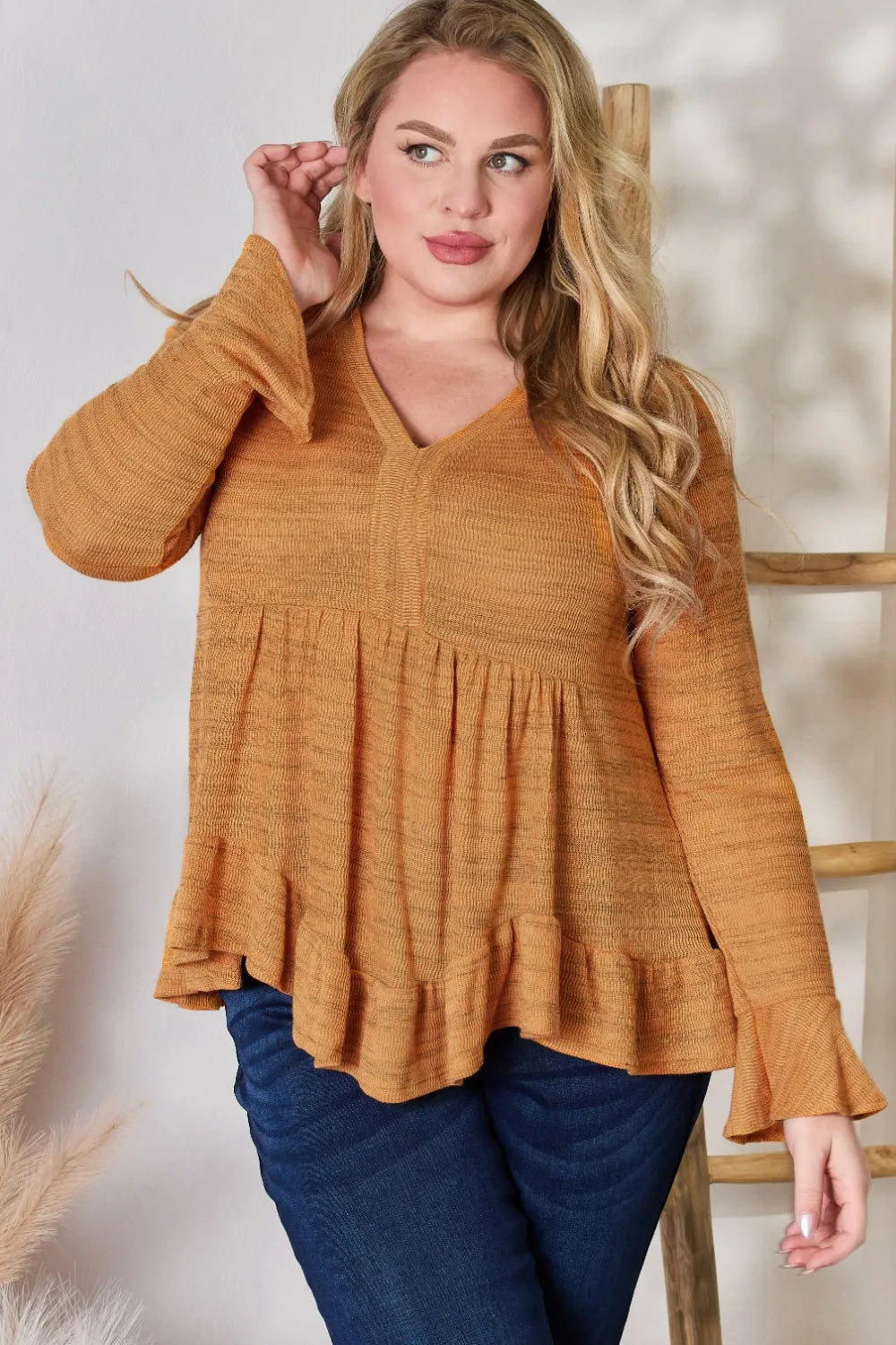 Hailey & Co Full Size V-Neck Flounce Sleeve Blouse c0627de2-a550-4ebd-9d21-81b6afc7abb6-Max