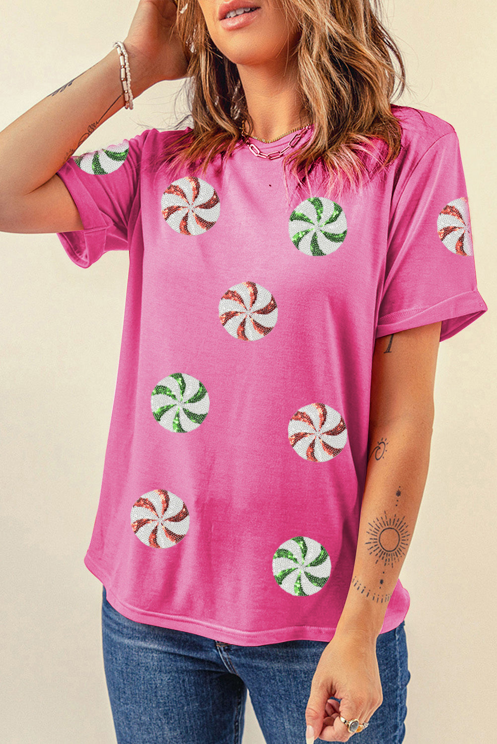 Sachet Pink Peppermint Candy Pattern Sequins Patch Christmas Custom T Shirt c0720f53791ff411