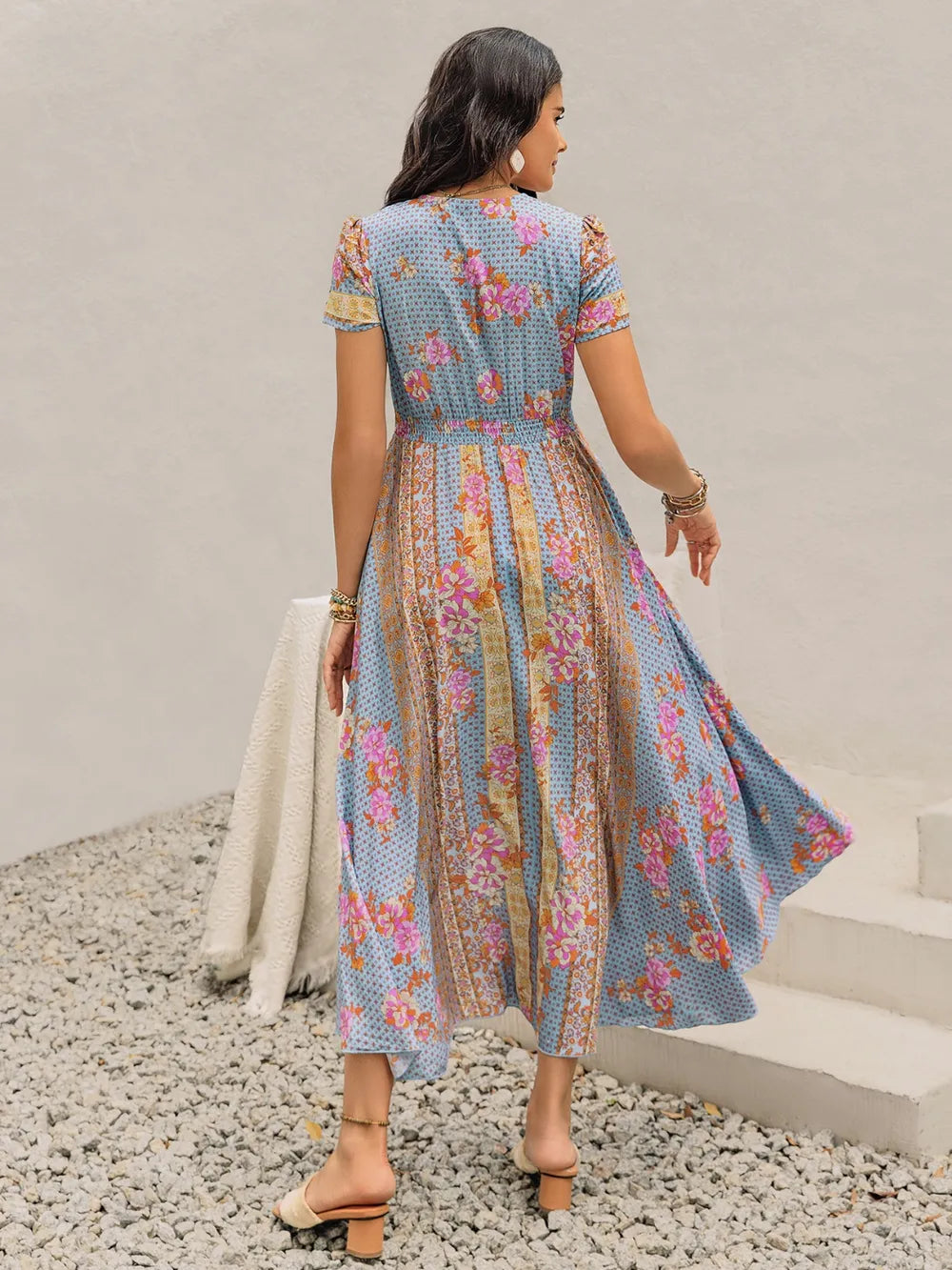 Smocked Floral V-Neck Short Sleeve Midi Dress c077e25c-f865-43b1-a957-f9d25a4dcb08-Max