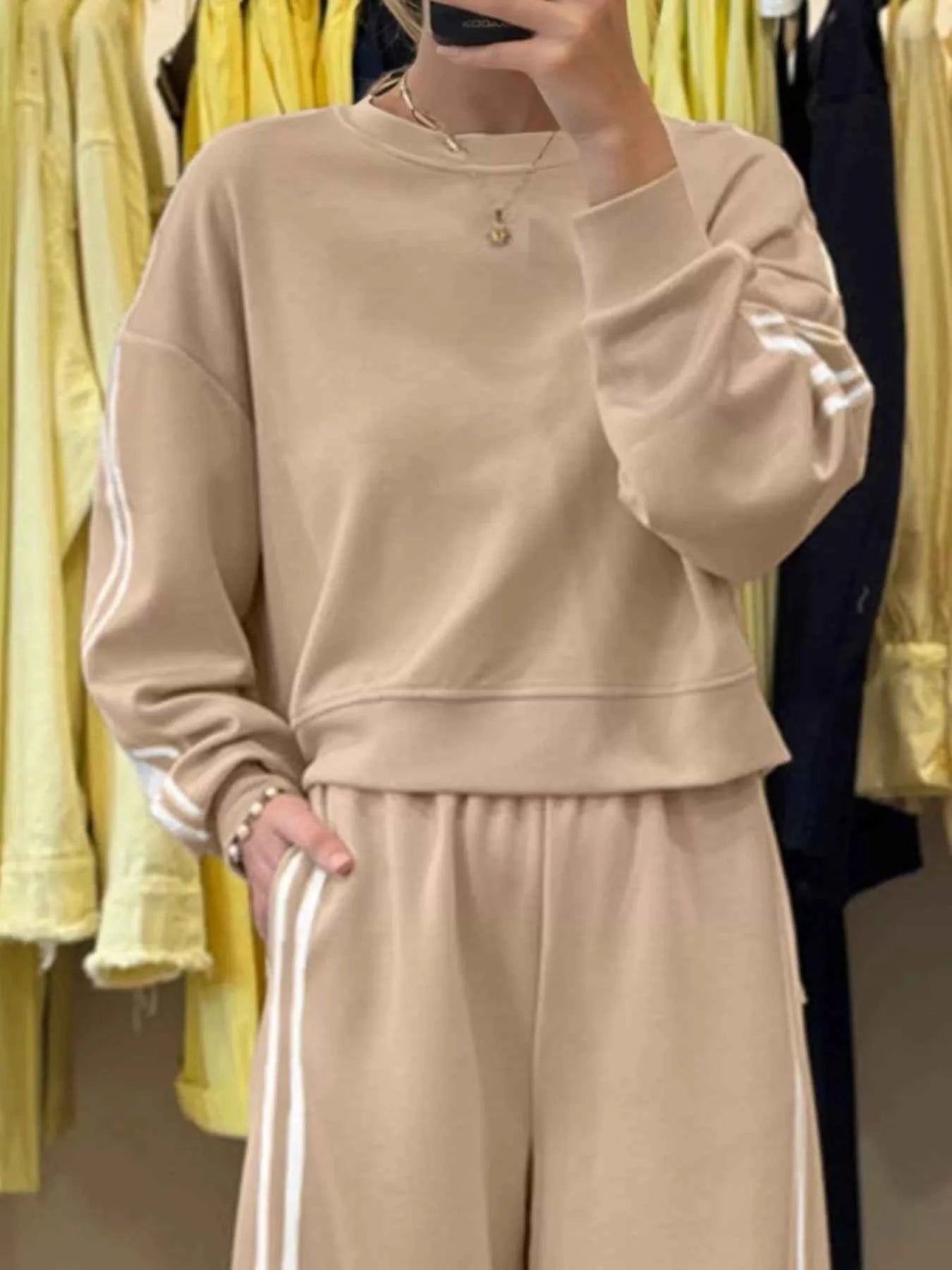Striped Detail Crewneck Top and Elastic Sweatpants 2pcs Set Khaki c08cfdcb-e75c-458b-b109-2fcb9f864c3b-Max-Origin