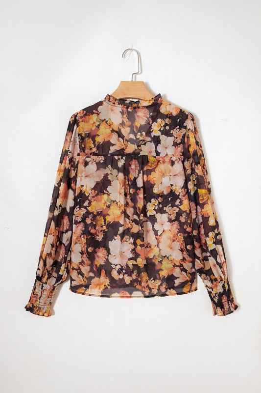 Floral V-Neck Long Puff Sleeve Blouse c09201c1-e368-45cc-b000-1f398869052e
