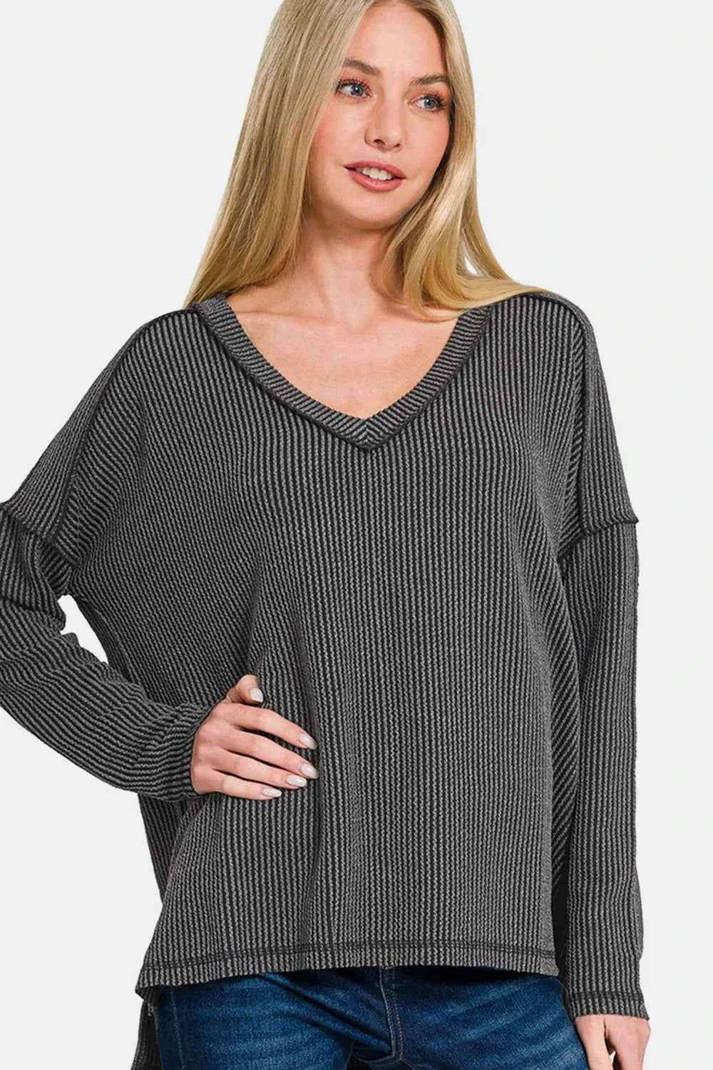 Zenana Texture Exposed Seam V-Neck Long Sleeve T-Shirt Charcoal c09b59bc-a2ed-4773-9cad-a7655c8dfd25-Max