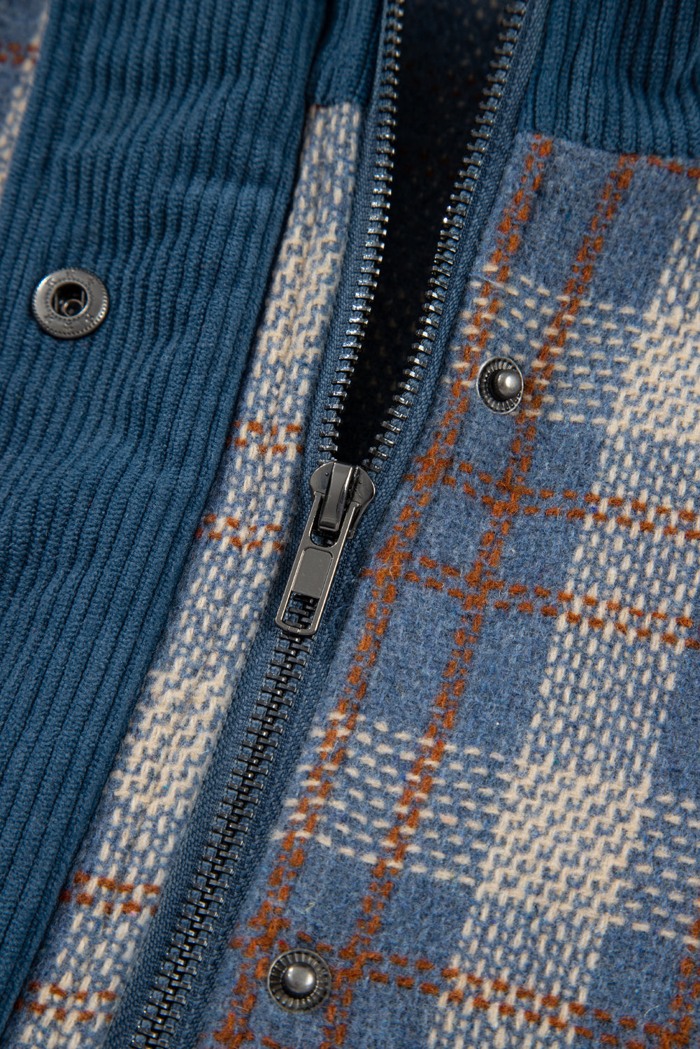 Gray Plaid Corduroy Patchwork Collared Zip Up Snap Button Jacket c0aa83823edc4bd1
