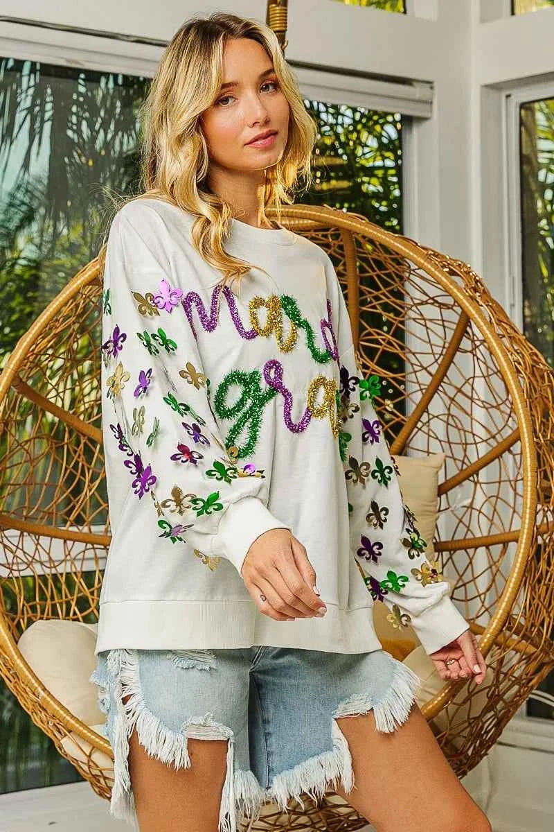 BiBi Fleur De Lis Sleeve Mardi Gras Pullover c0b59a9929a74c78904710242baab4e9-Max-Origin