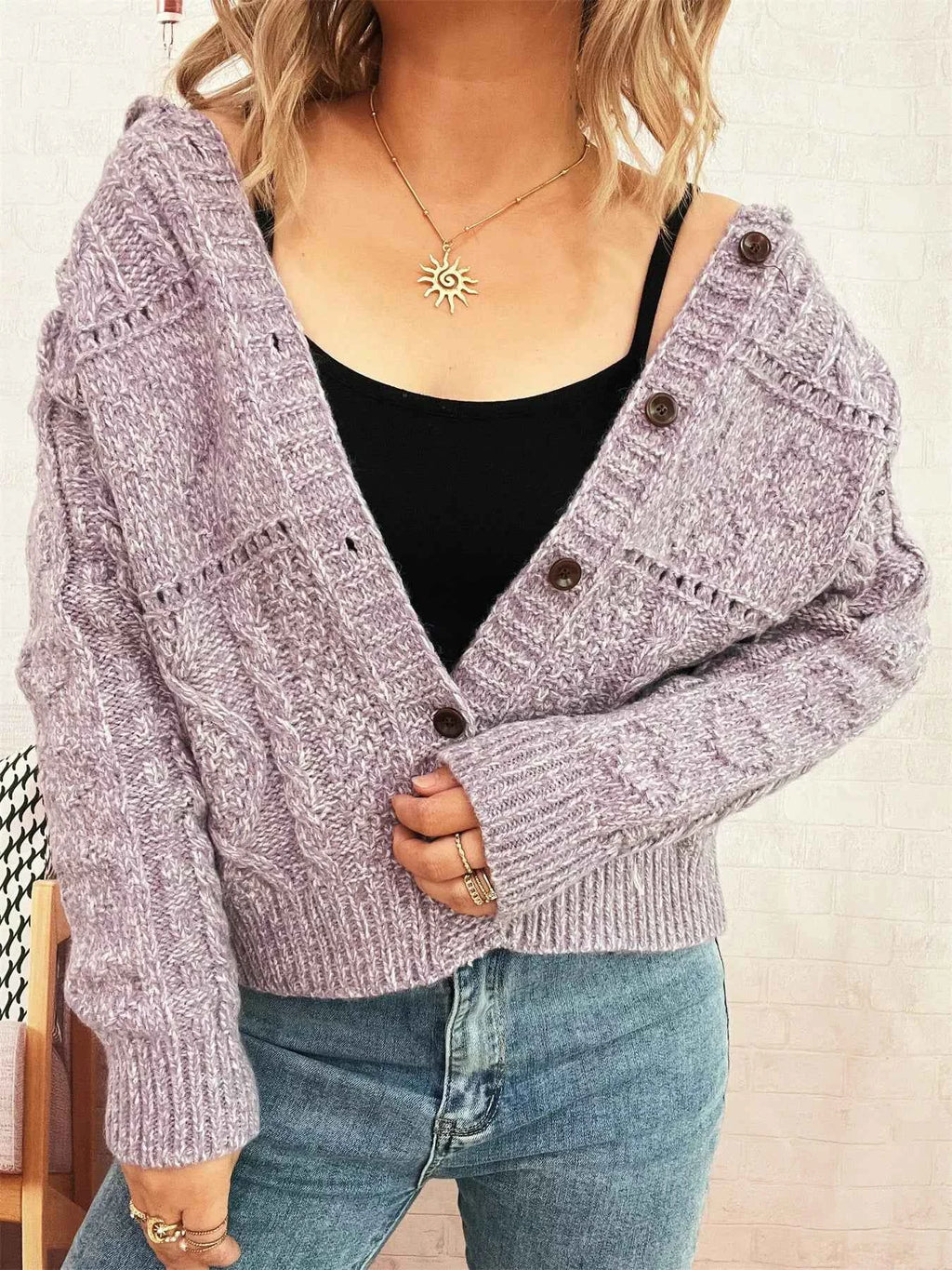 Openwork Cable Knit Button-Up Cardigan c0c10967de1247578056b4a81e48a490-Max-Origin