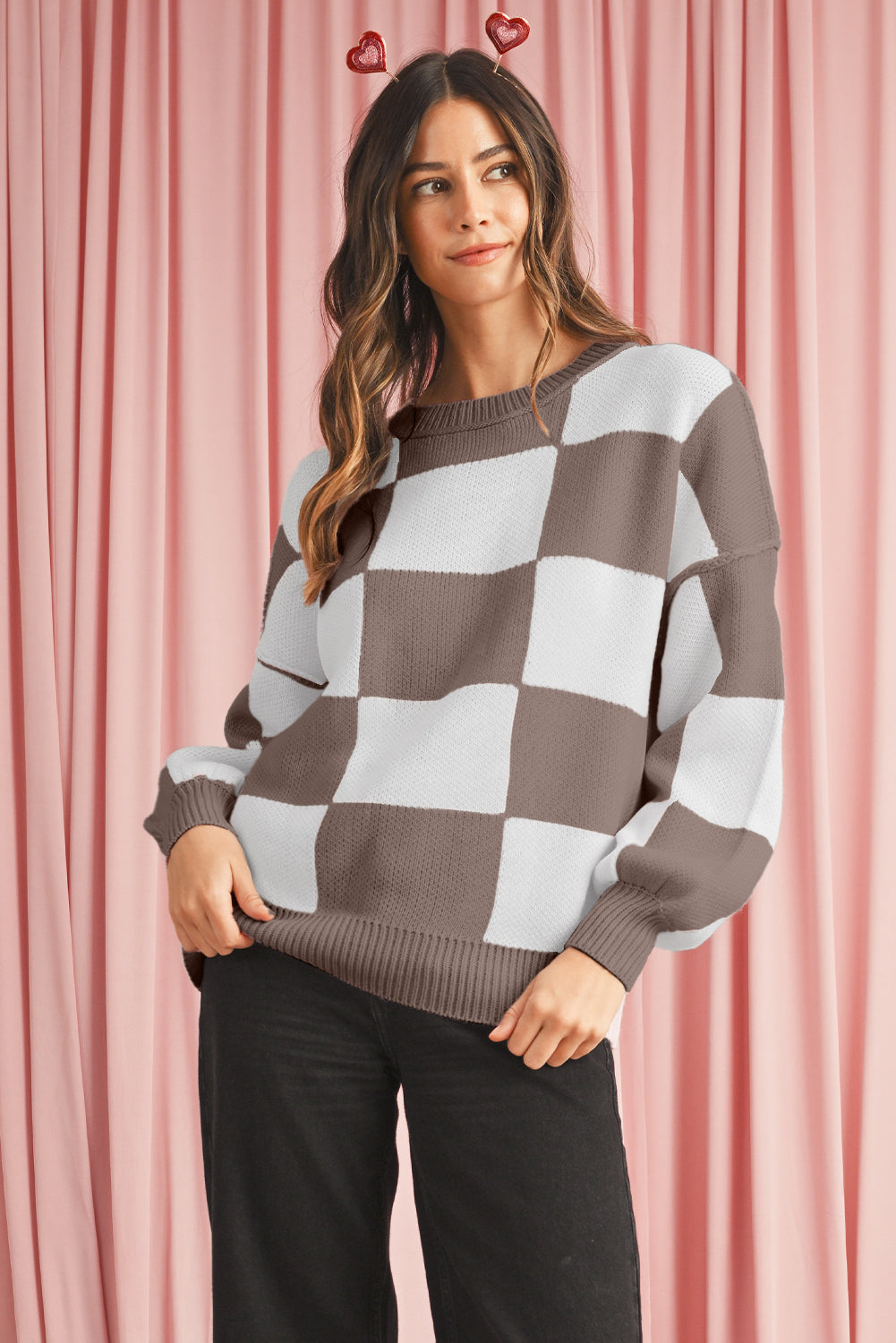 Pink Checked Bishop Sleeve Pullover Sweater c0d3ccf17d0db9e6