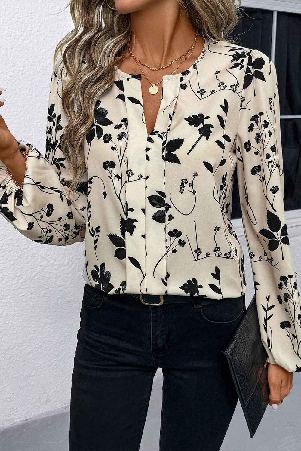 Khaki Botanical Floral Print Split Neck Long Sleeve Blouse c0de032b89e27420