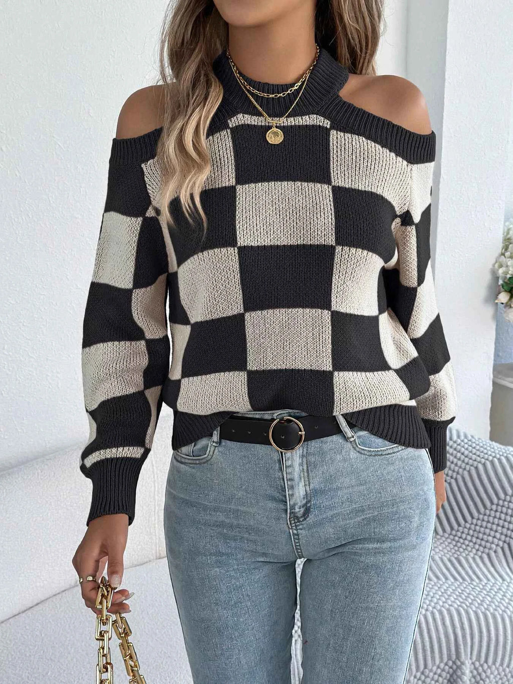 Cold Shoulder Checkered Long Sleeve Sweater c103d498fd98465ebc5ecf31448d998c-Max-Origin