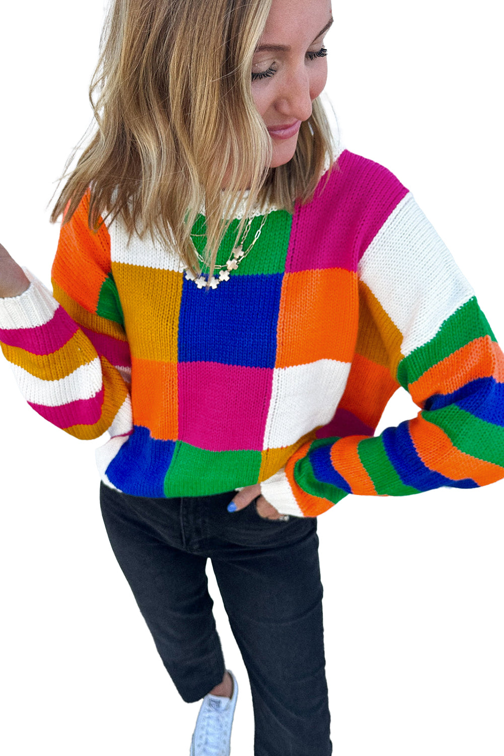 Orange Checkered Color Block Round Neck Loose Sweater Orange 55%Acrylic+45%Cotton c1065ea3762ebad2