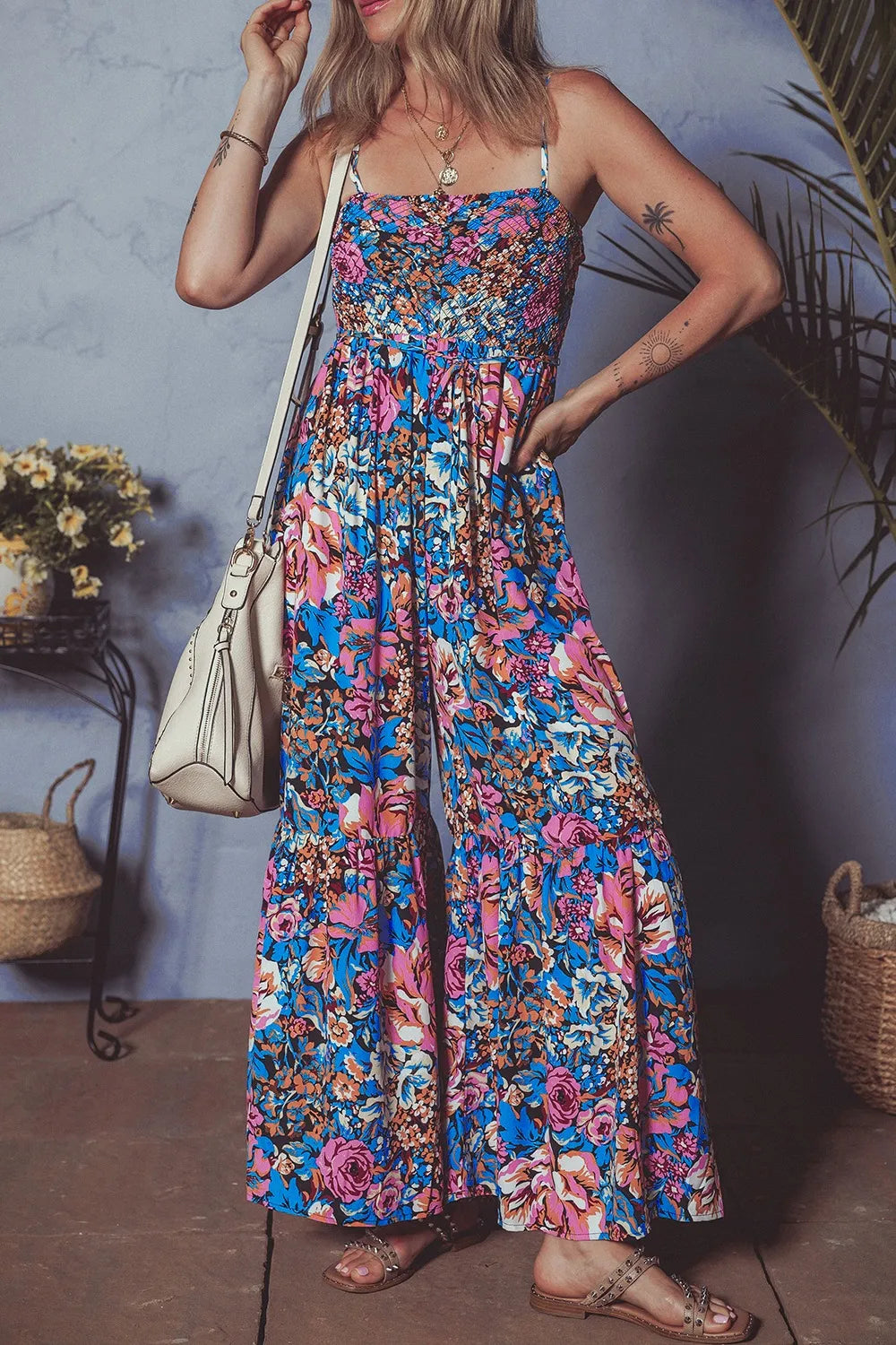 Floral Smocked Spaghetti Straps Wide Leg Jumpsuit Floral c10e0262-78c3-441c-9ea3-47b13ae57c12-Max